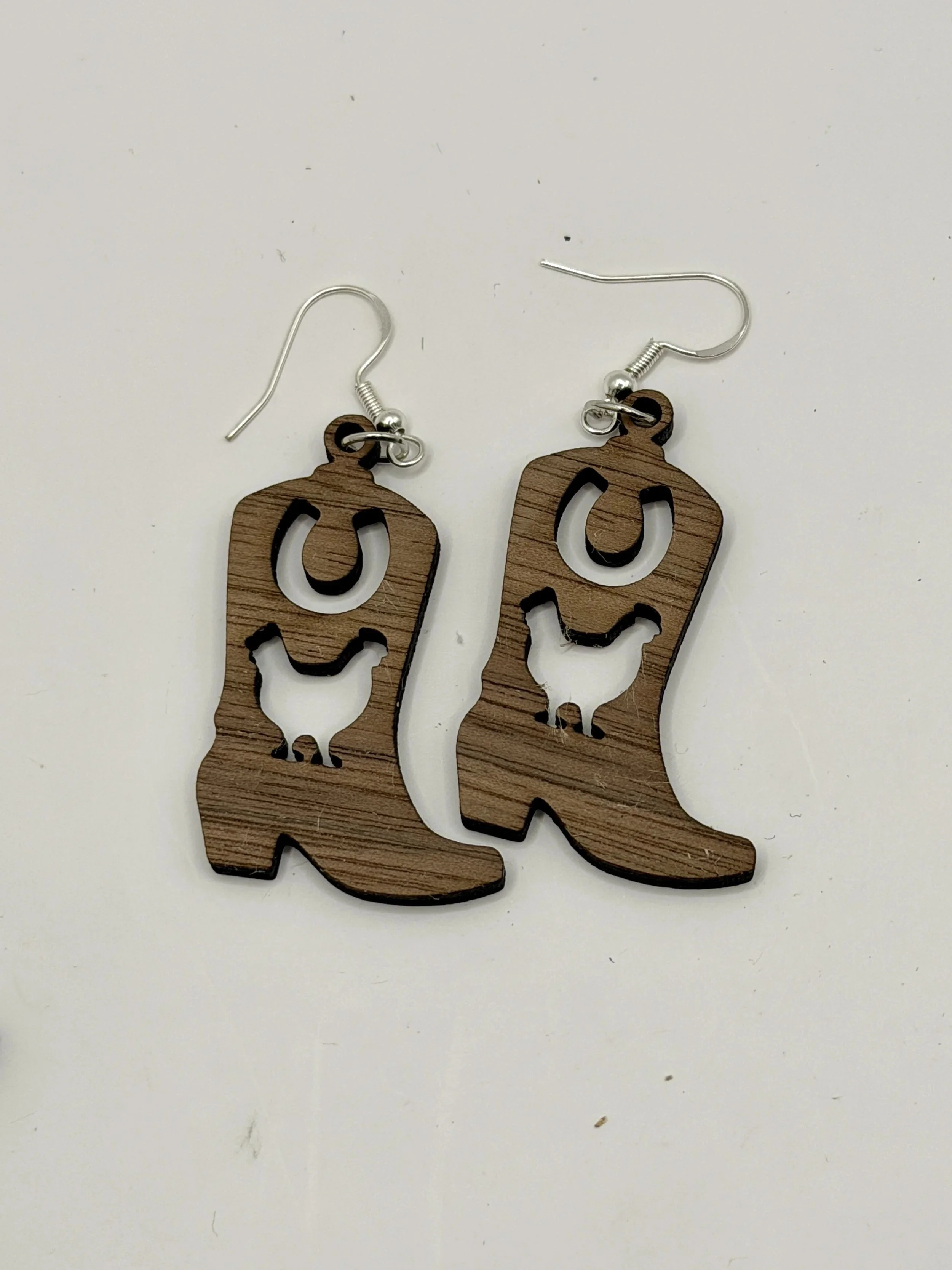 Walnut Cowboy Boot Earrings - Horseshoe and Chicken Design