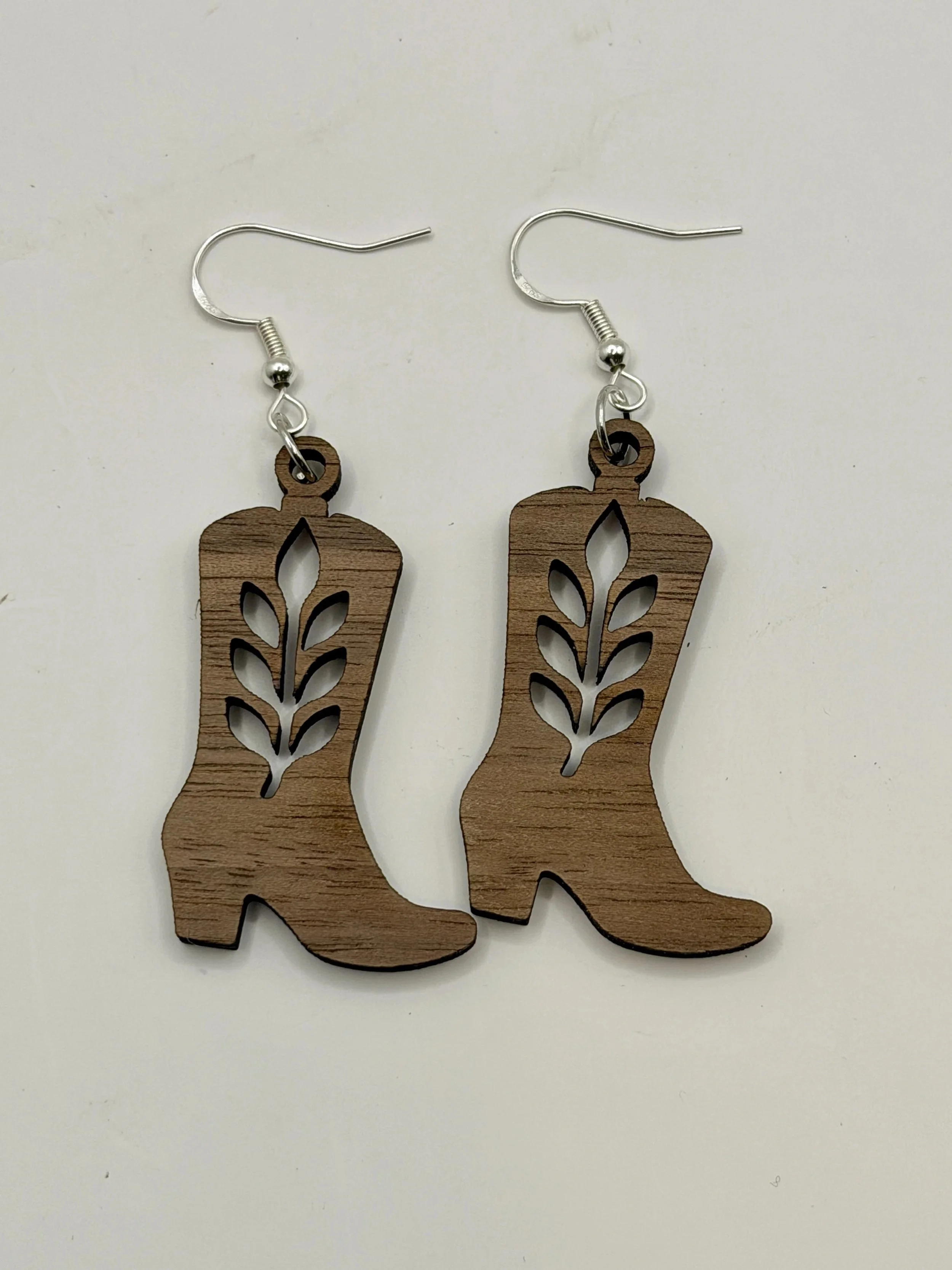 Walnut Cowboy Boot Earrings - Leaf Design