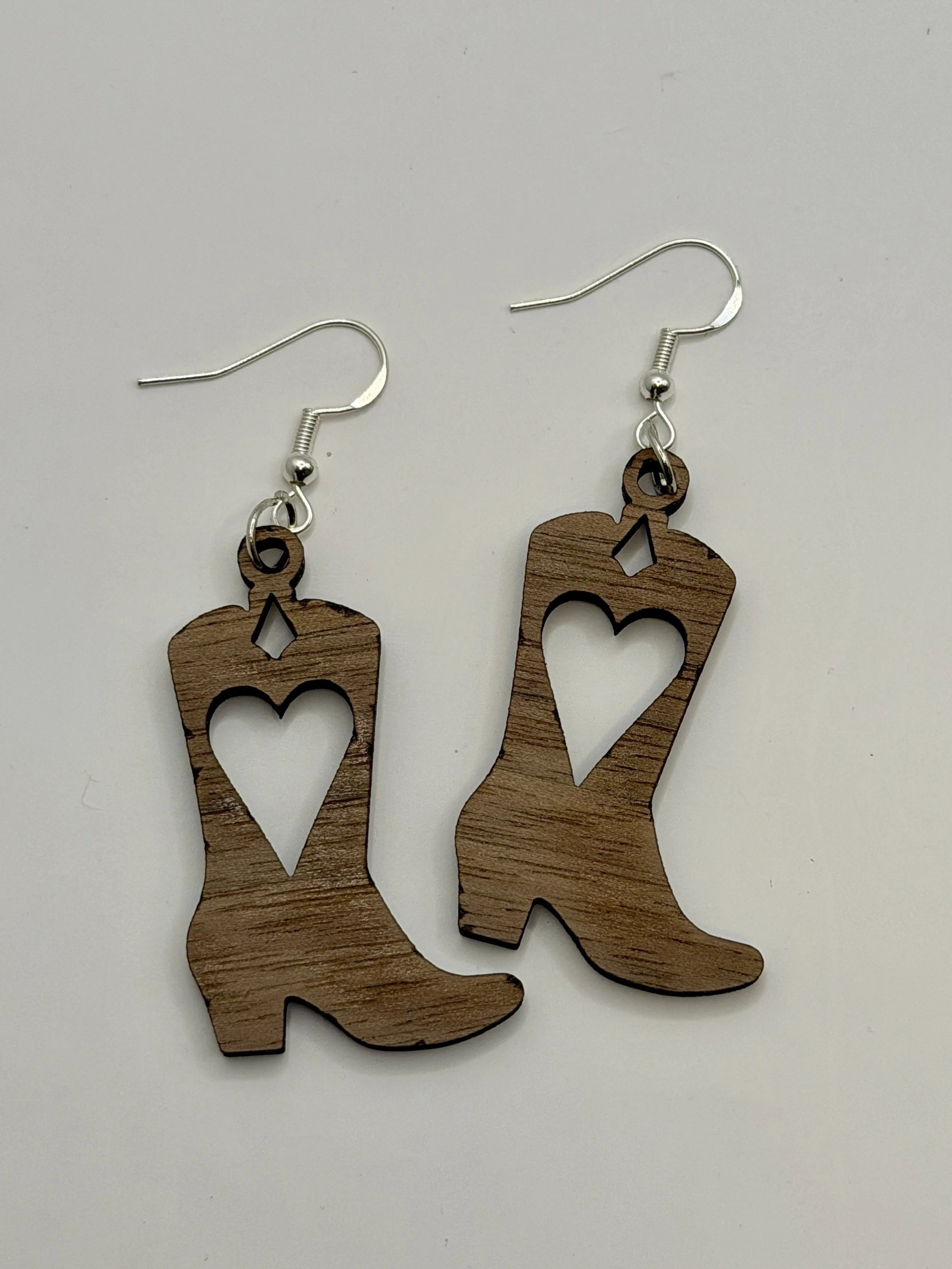 Walnut Cowboy Boot Earrings - Heart Design