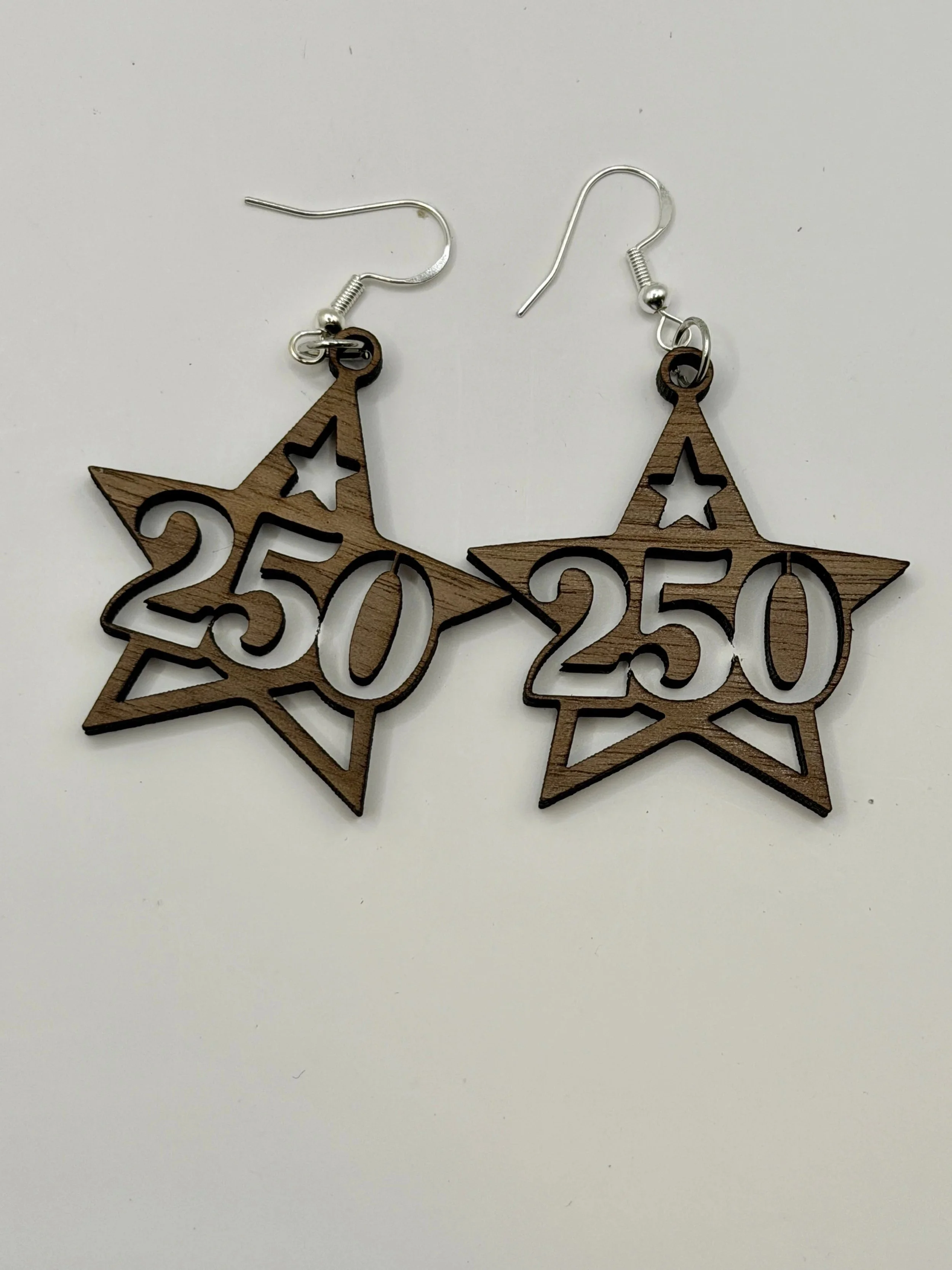 America 250 Walnut Wood Star Earrings - Minimalist Design