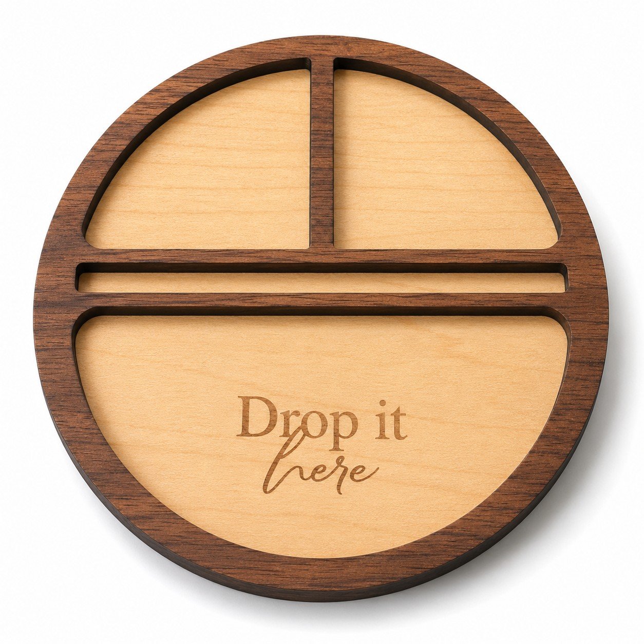 Walnut Entryway Catchall Tray – Engraved Drop It Here Divided Valet Dish - Studio