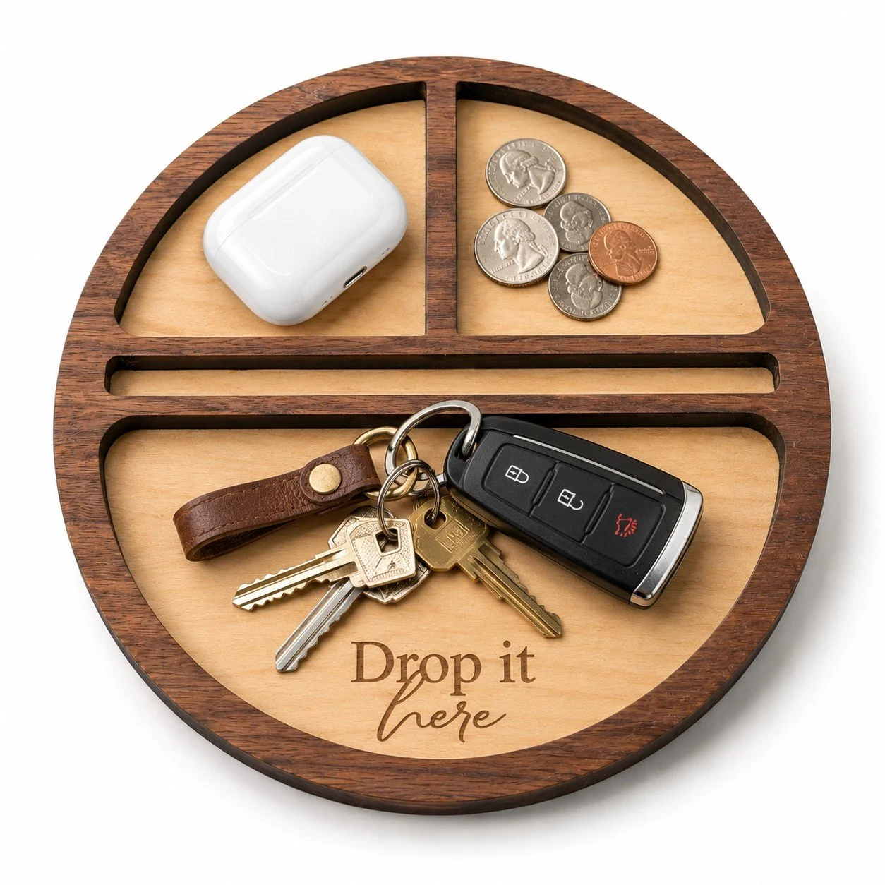 Walnut Entryway Catchall Tray – Engraved Drop It Here Divided Valet Dish - Lifestyle with AirPods and Keys