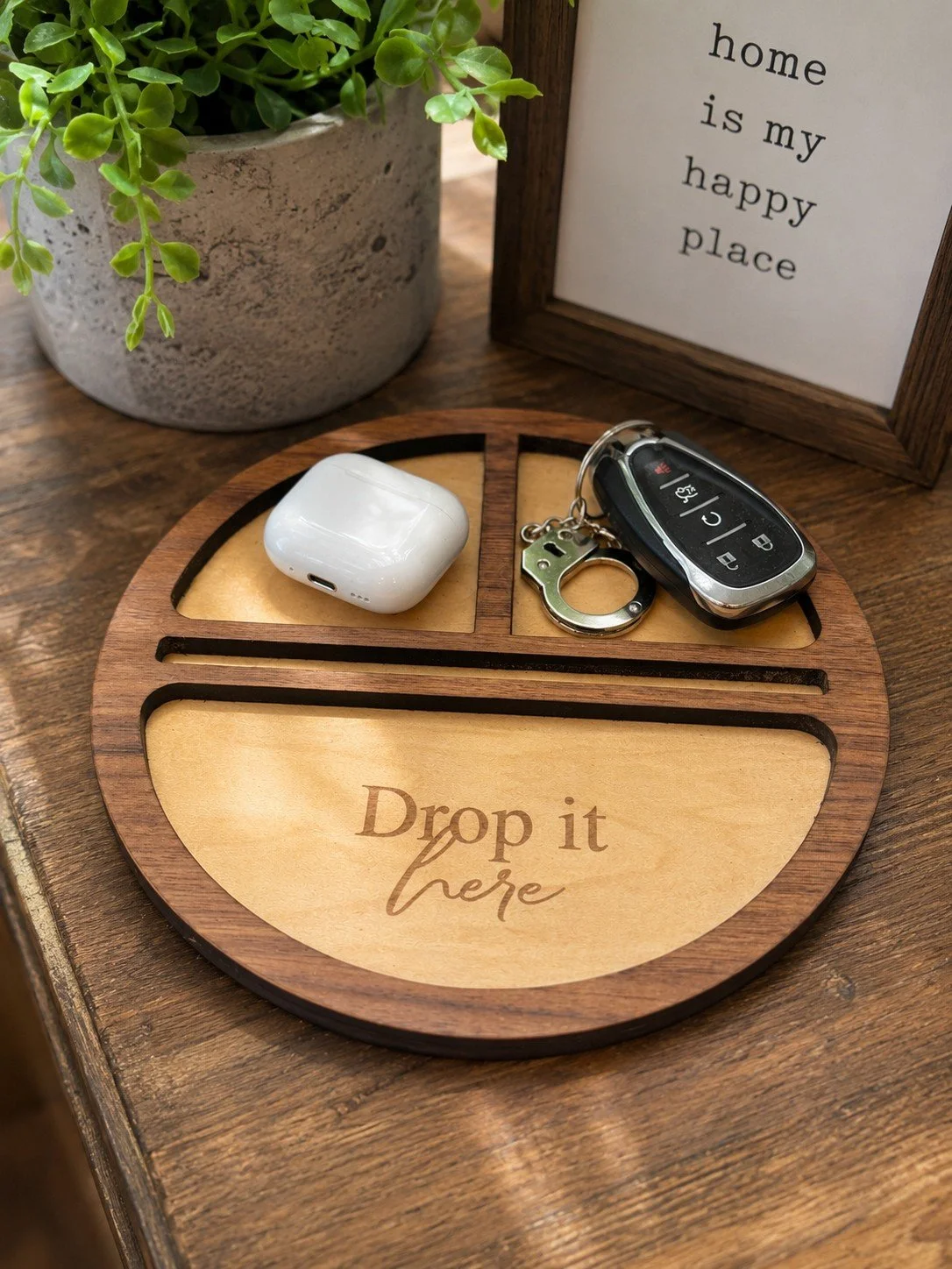 Walnut Entryway Catchall Tray – Engraved Drop It Here Divided Valet Dish - Lifestyle with Coins and Keys