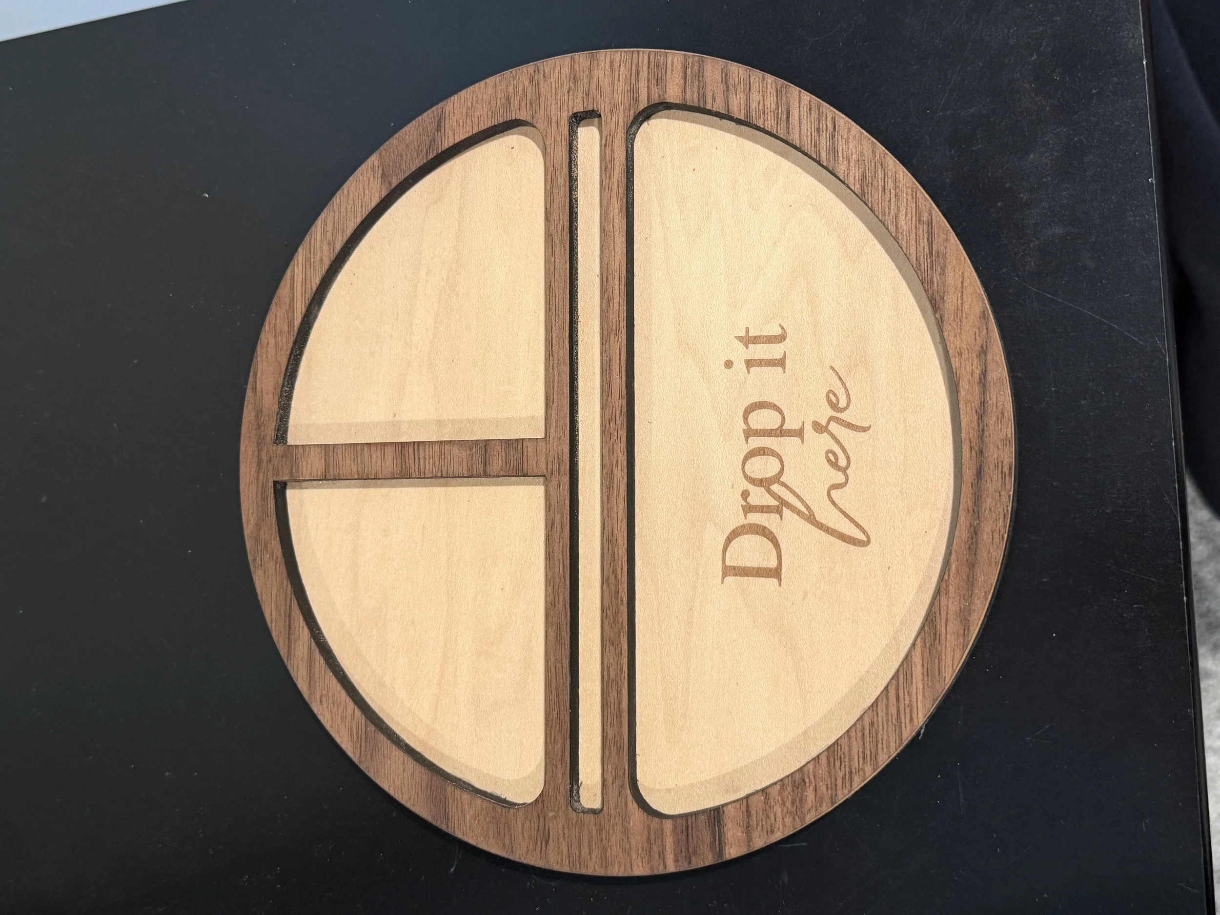 Walnut Entryway Catchall Tray – Engraved Drop It Here Divided Valet Dish - Handmade Detail Photo