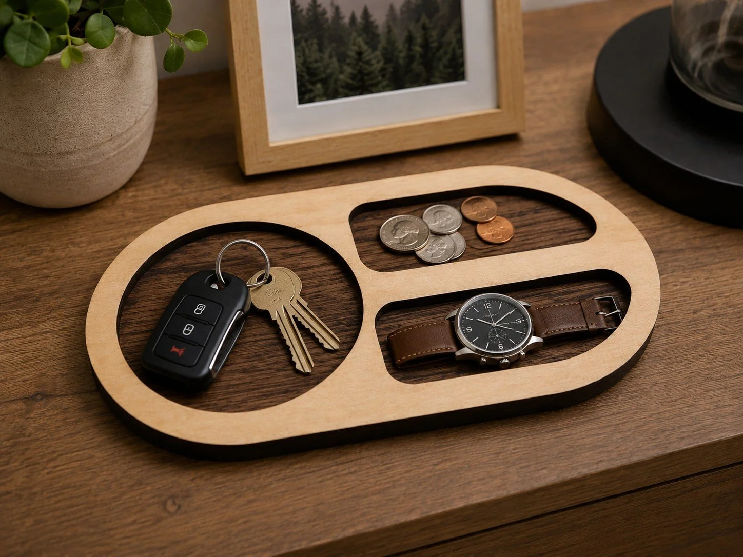 Walnut & Maple Valet Tray with circular keys pocket and two divided compartments