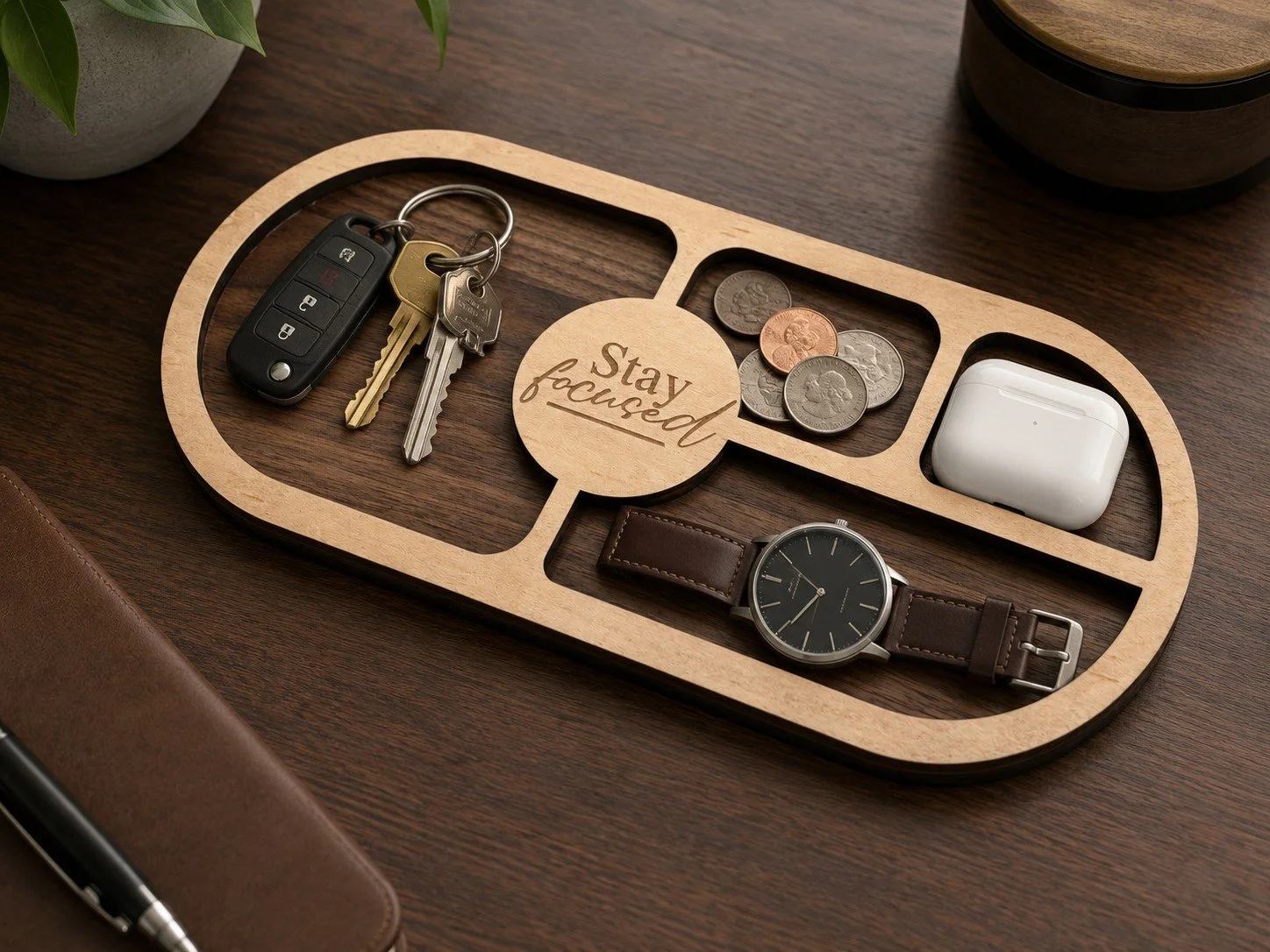 "Stay Focused" Walnut & Maple Desk Valet Tray styled with keys, coins, AirPods, and a watch