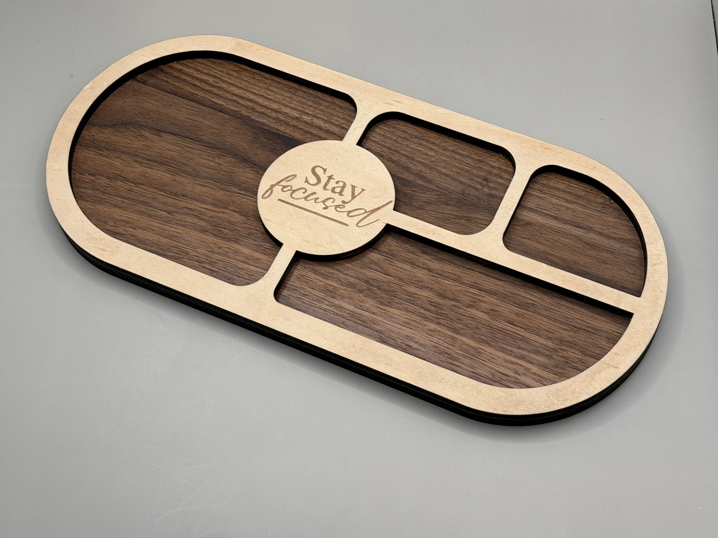 "Stay Focused" Walnut & Maple Desk Valet Tray, angled studio view