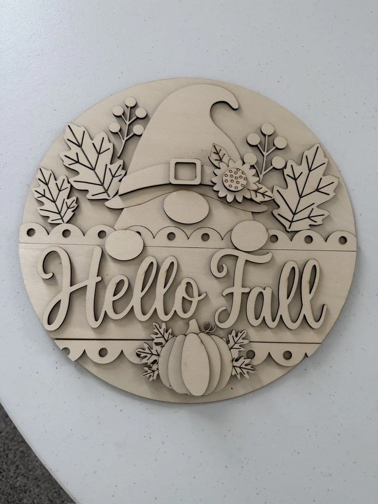 Unfinished layered wood Hello Fall gnome round sign kit, 12 inch, with pumpkin, sunflower and fall leaves