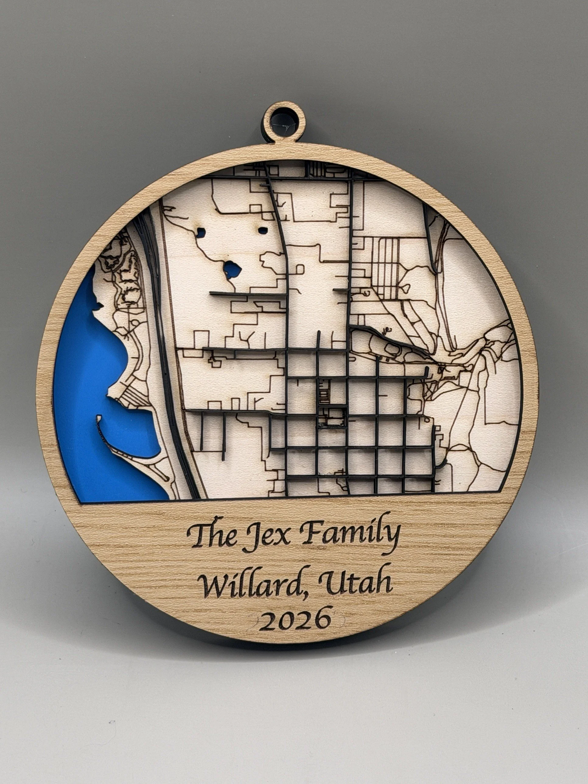 Custom hometown map ornament - The Jex Family, Willard, Utah, front view