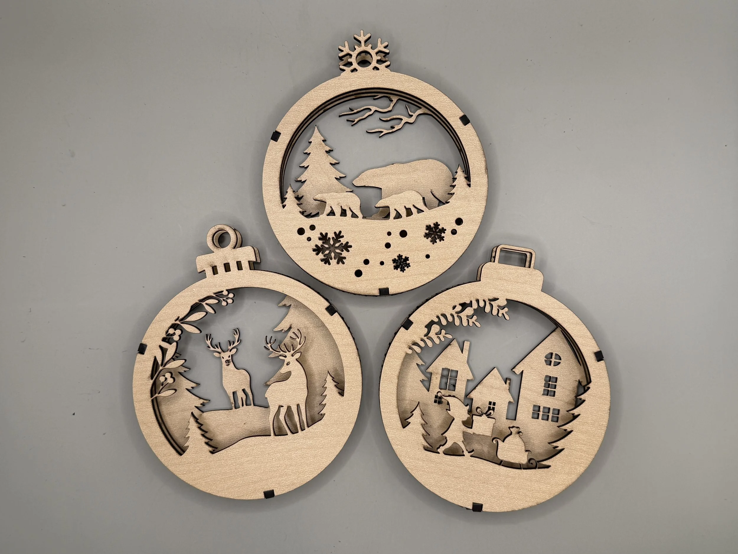 Winter Wonderland layered wood ornament 3-pack in maple: polar bear, deer and village