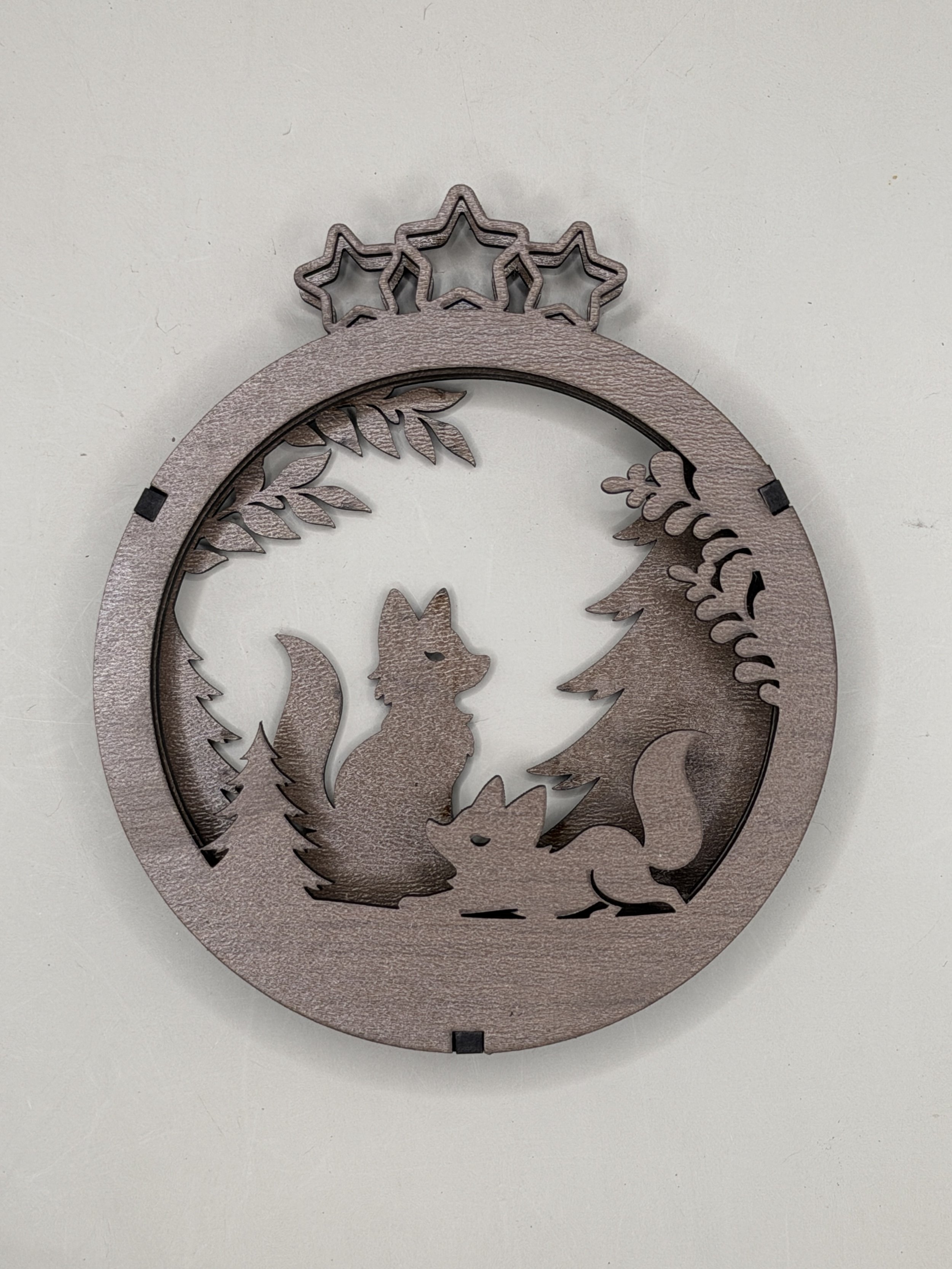 Fox layered wood Christmas ornament in walnut, front view