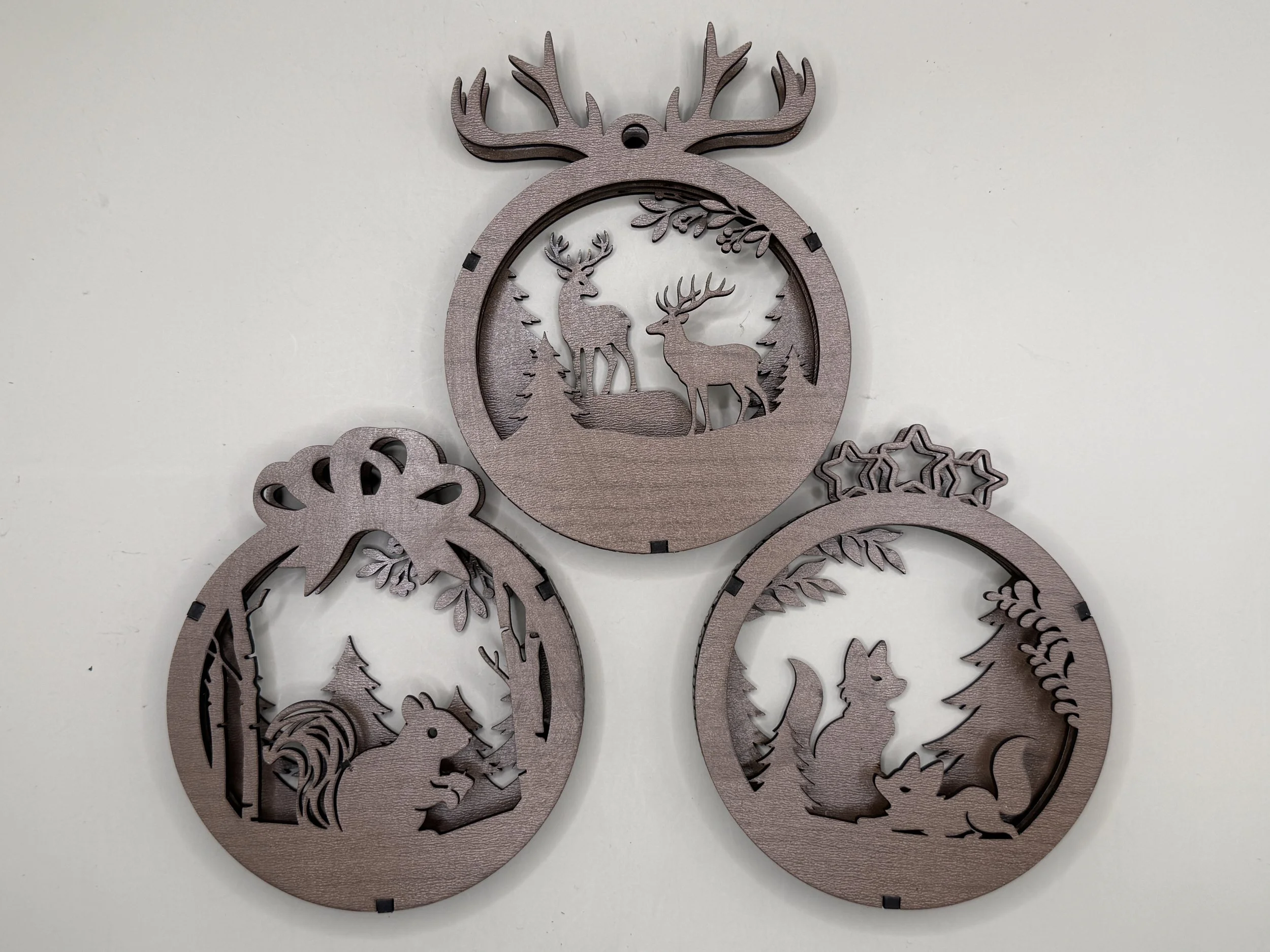 Woodland Animals walnut ornament 3-pack, alternate view