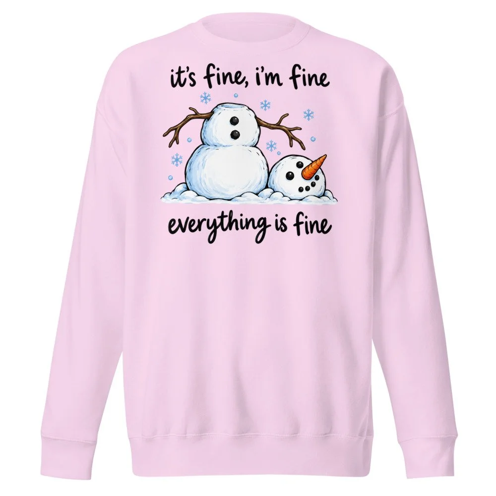 It's Fine I'm Fine snowman sweatshirt in Lavender, front