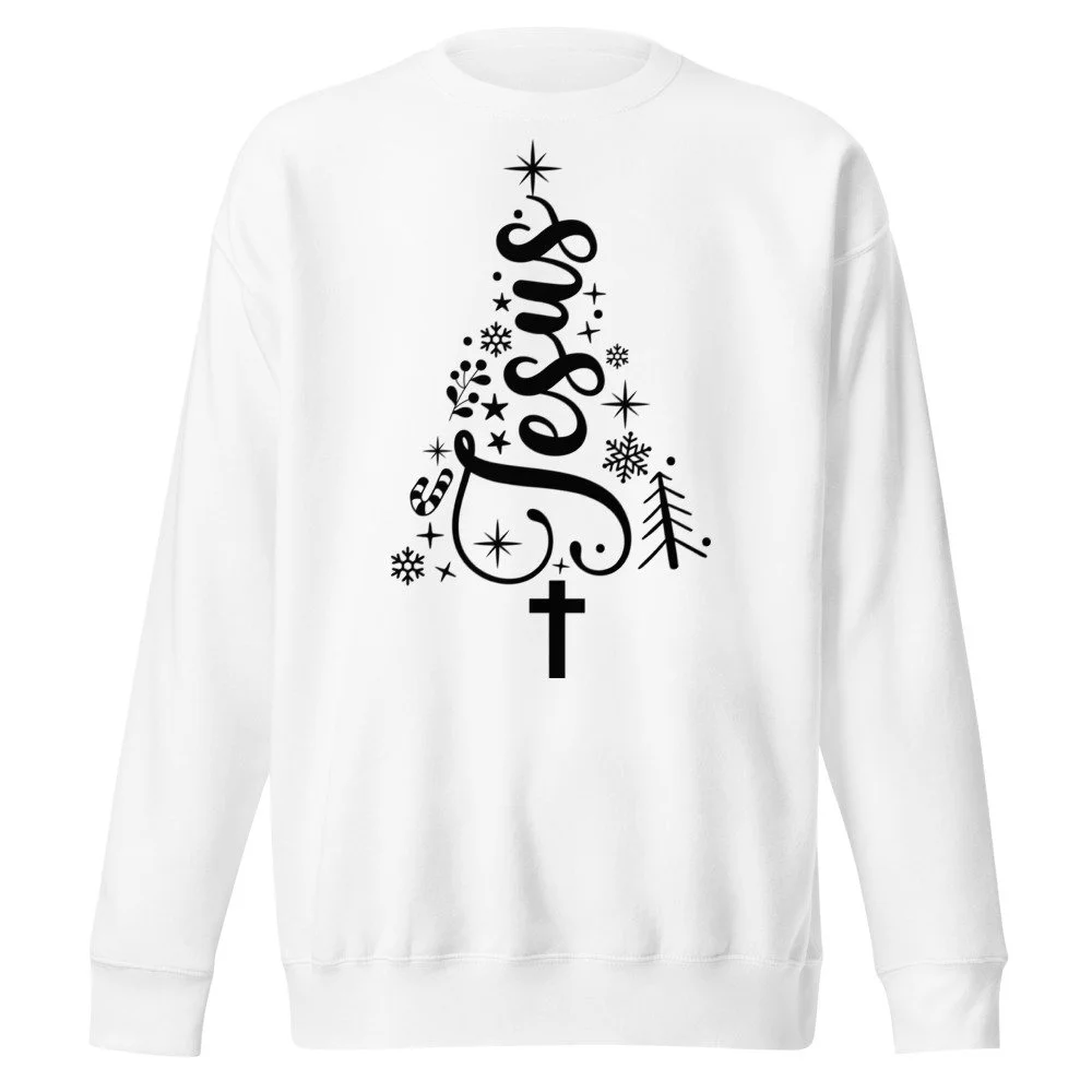 Jesus Christmas tree sweatshirt in White, front