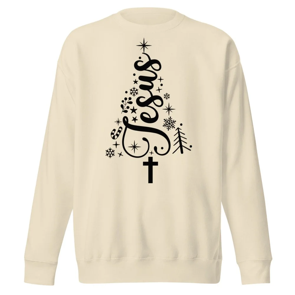 Jesus Christmas tree sweatshirt in Bone, front