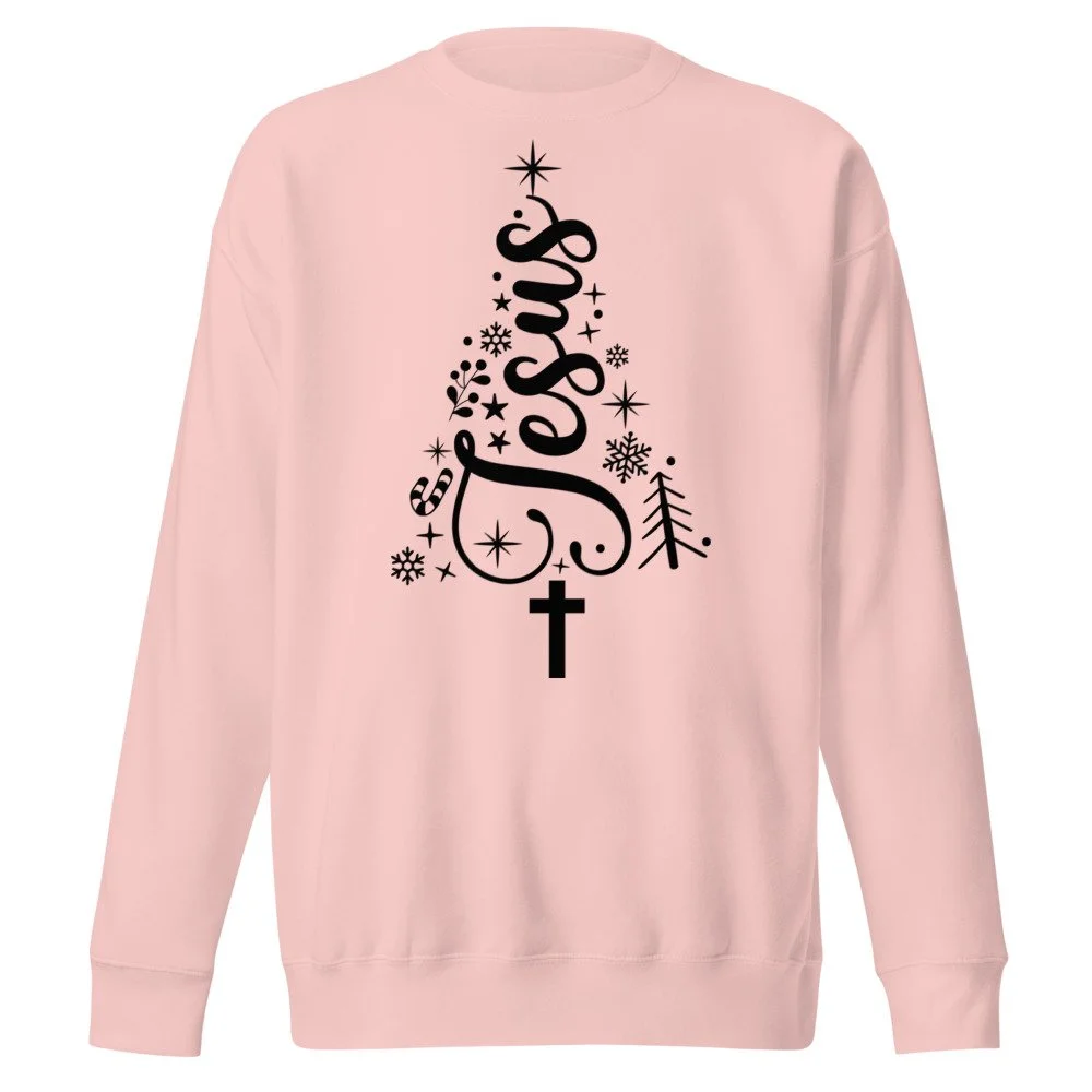Jesus Christmas tree sweatshirt in Light Pink, front