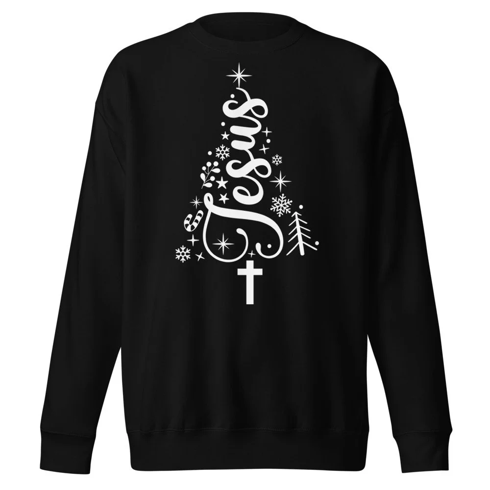 Jesus Christmas tree sweatshirt in Black with white print, front