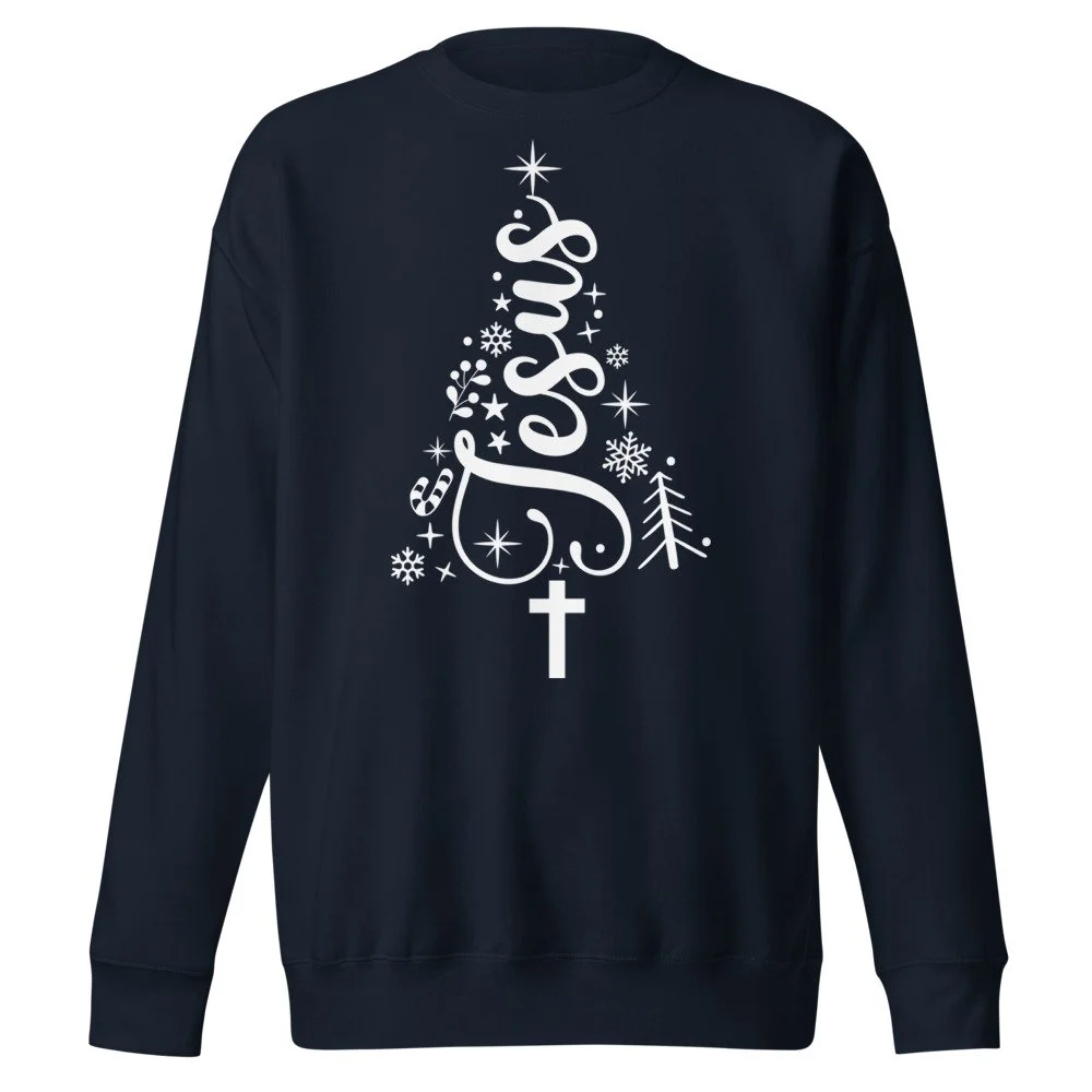 Jesus Christmas tree sweatshirt in Navy with white print, front