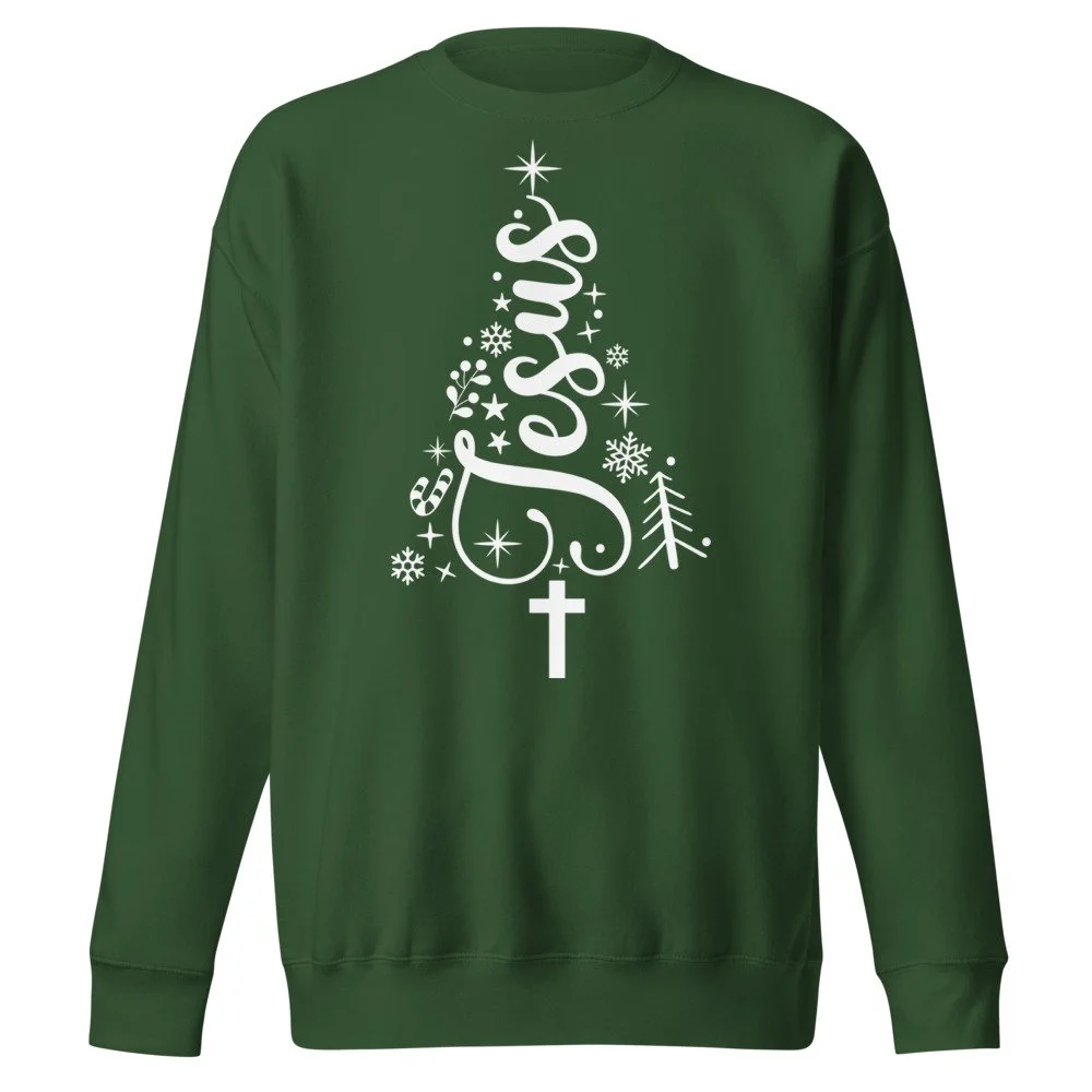 Jesus Christmas tree sweatshirt in Forest Green with white print, front