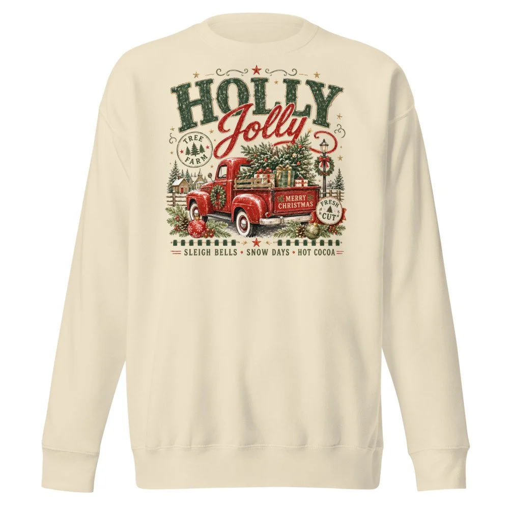 Holly Jolly retro Christmas truck sweatshirt in Bone, front
