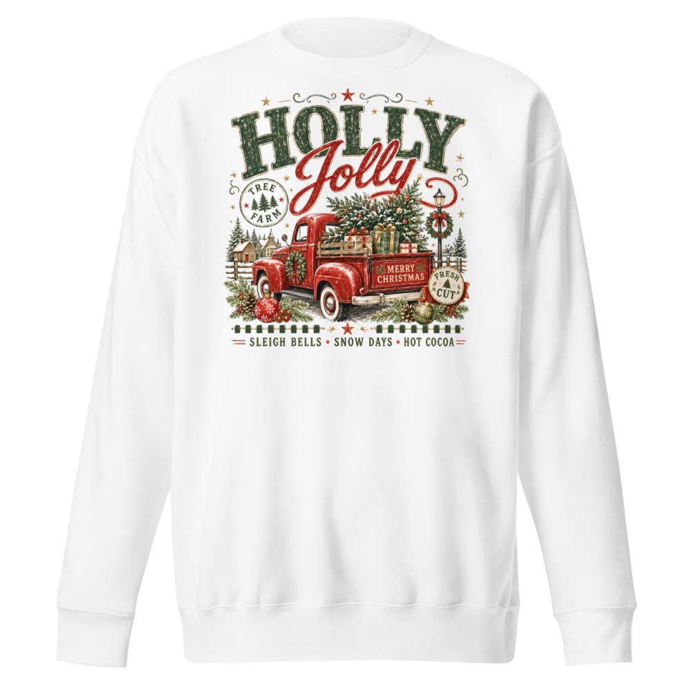 Holly Jolly retro Christmas truck sweatshirt in White, front