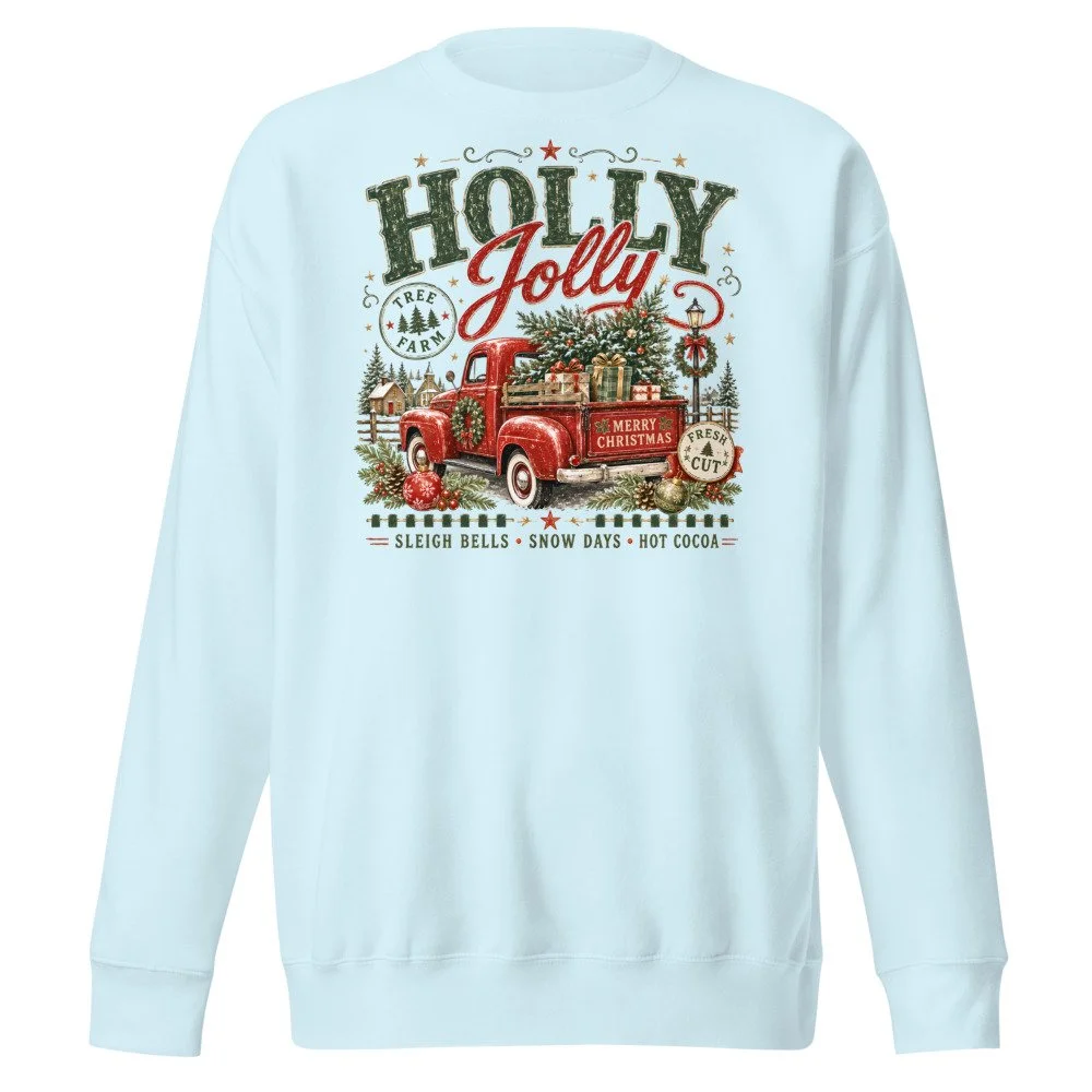 Holly Jolly retro Christmas truck sweatshirt in Sky Blue, front
