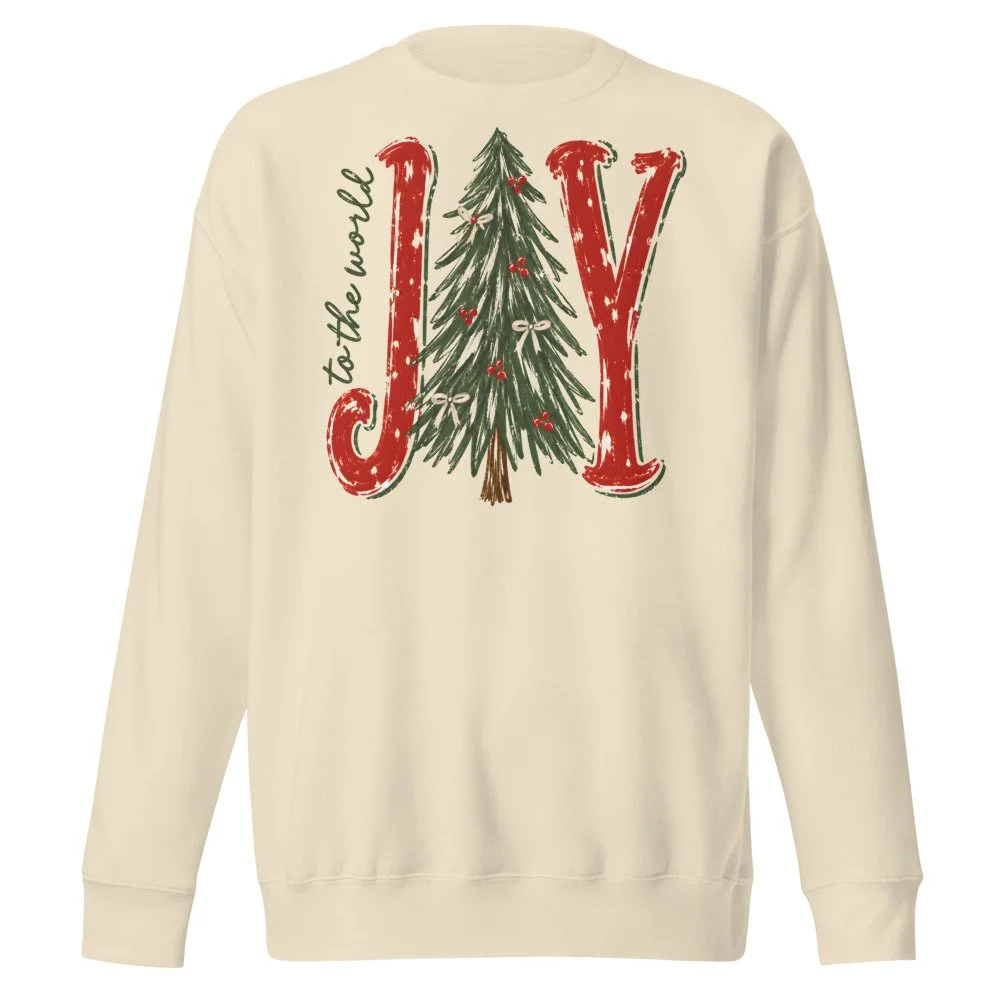 Joy to the World retro Christmas sweatshirt in Bone, front