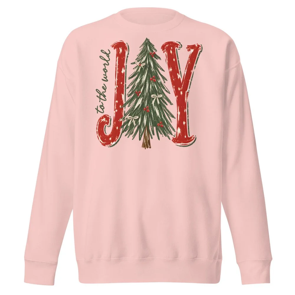 Joy to the World retro Christmas sweatshirt in Light Pink, front