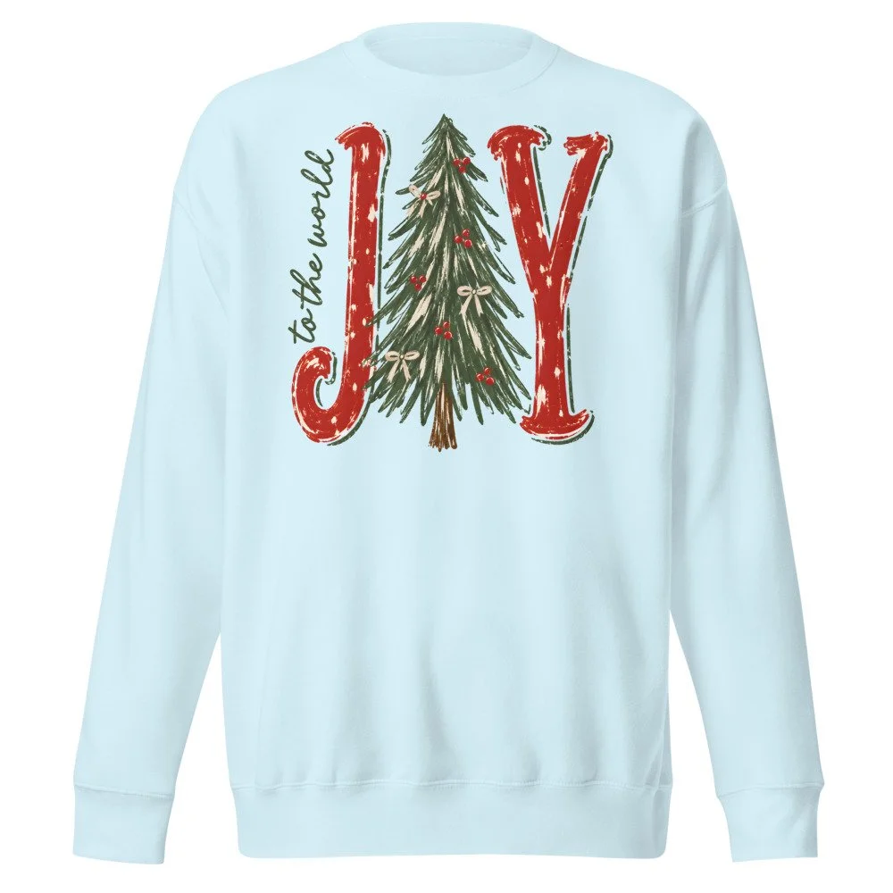 Joy to the World retro Christmas sweatshirt in Sky Blue, front