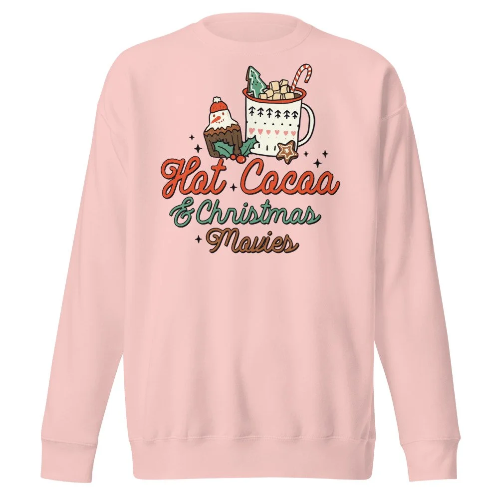 Hot Cocoa and Christmas Movies sweatshirt in Light Pink, front