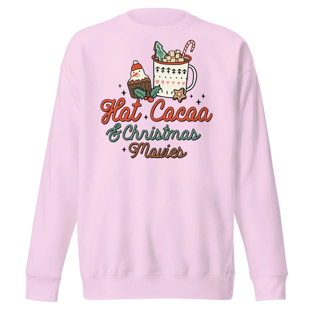 Hot Cocoa and Christmas Movies sweatshirt in Lavender, front