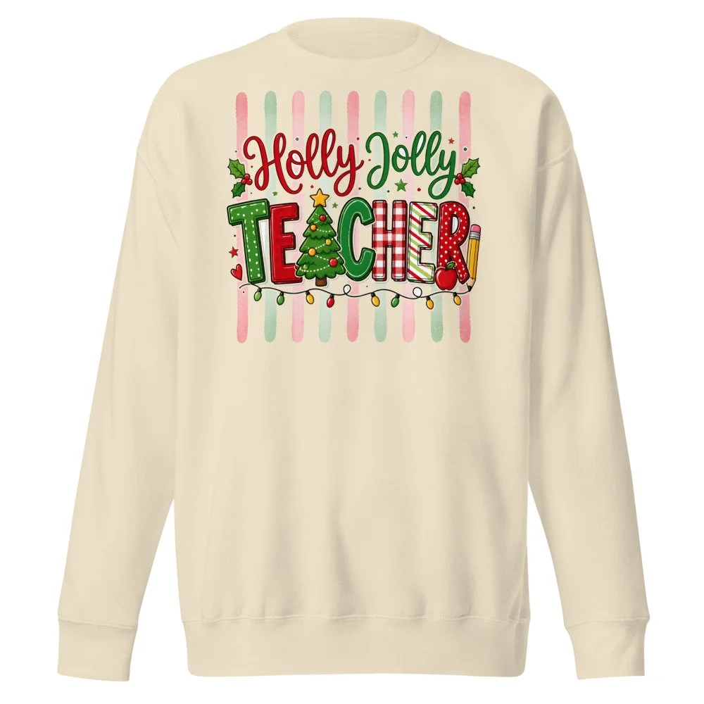 Holly Jolly Teacher Christmas sweatshirt in Bone, front