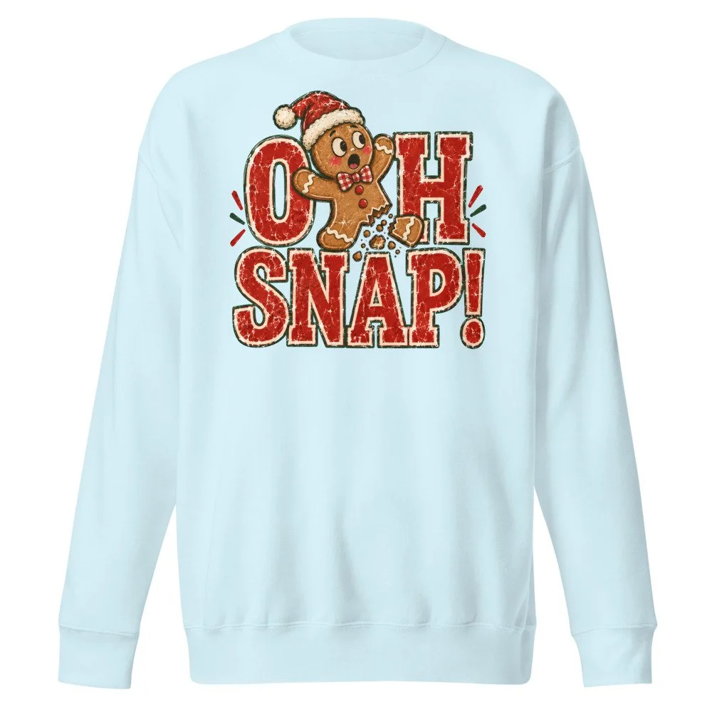 Oh Snap gingerbread Christmas sweatshirt in Sky Blue, front