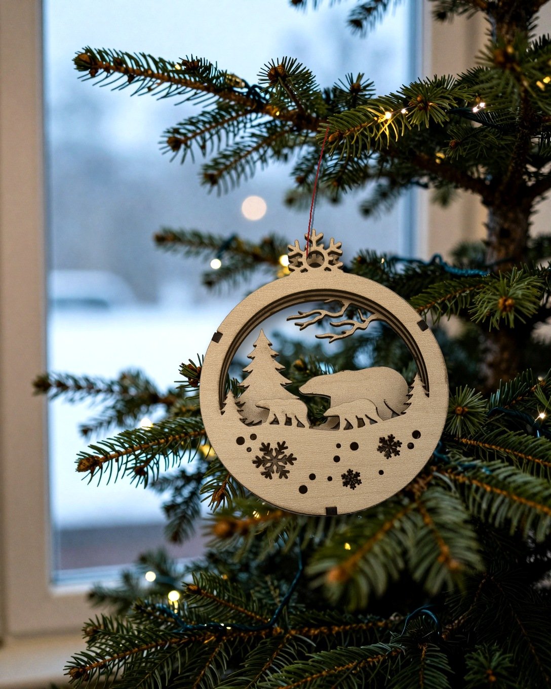 Maple polar bear layered wood Christmas ornament hanging on a tree by a snowy window