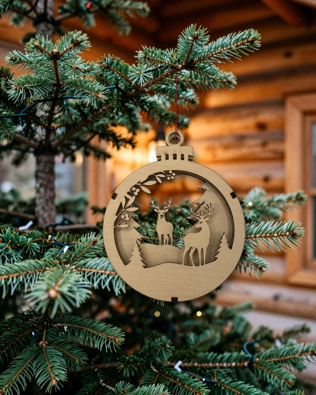 Maple deer in the forest layered wood Christmas ornament hanging on a tree in a log cabin
