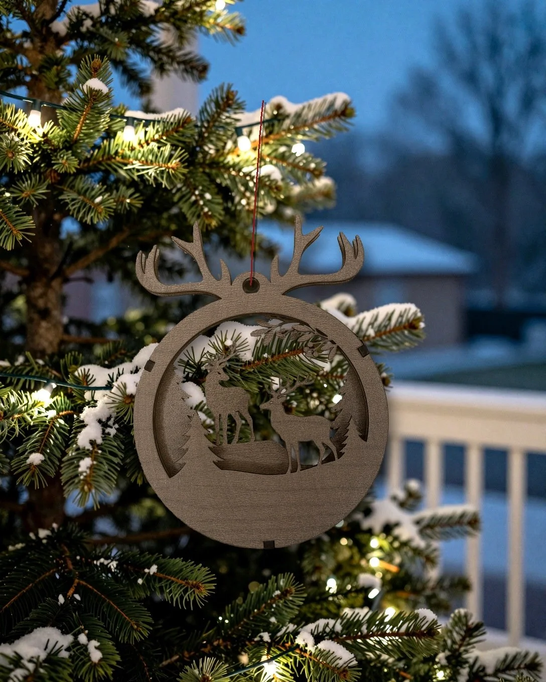 Walnut reindeer antlers layered wood Christmas ornament hanging on a snowy porch tree at dusk