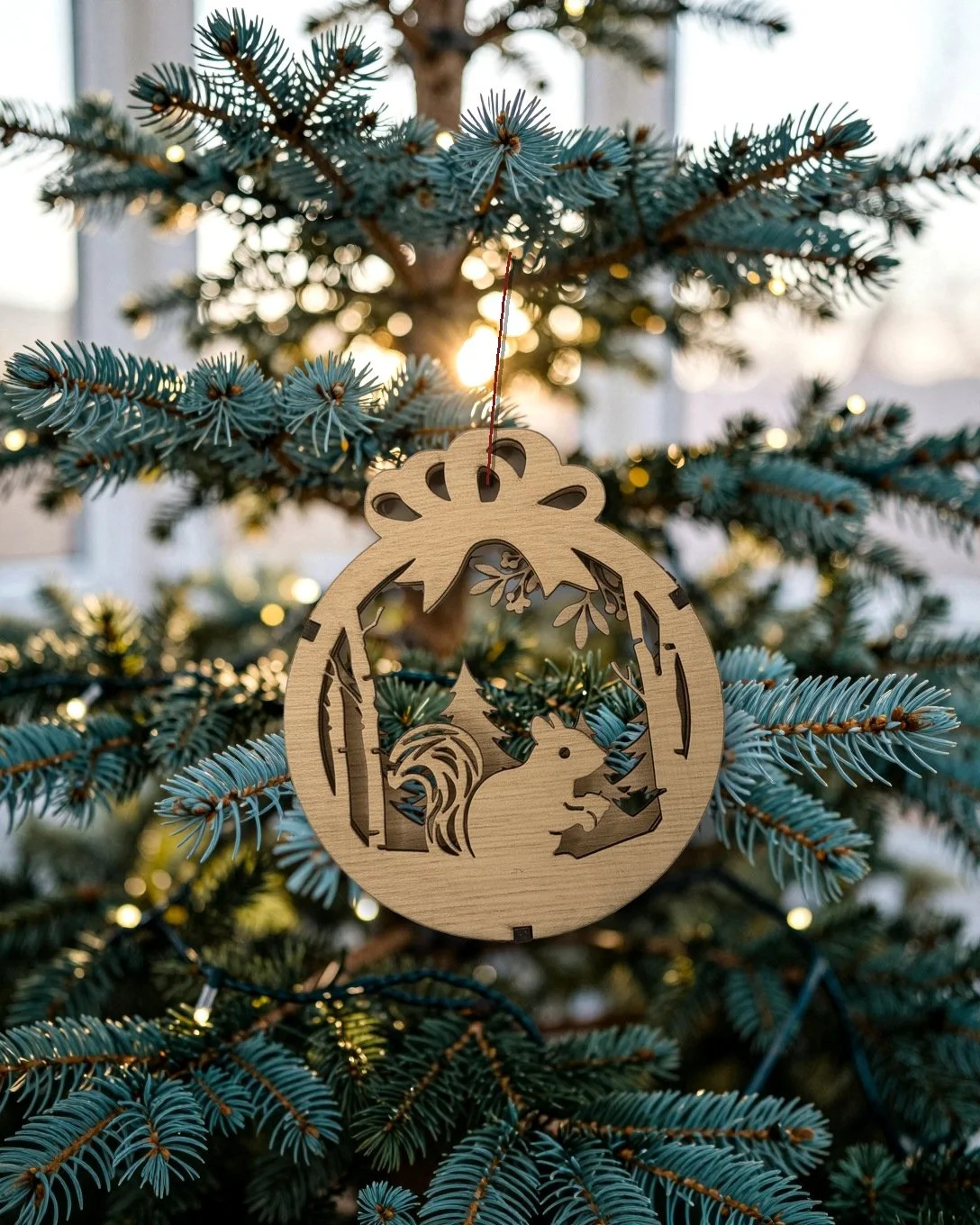 Maple squirrel layered wood Christmas ornament hanging on a blue spruce in morning light