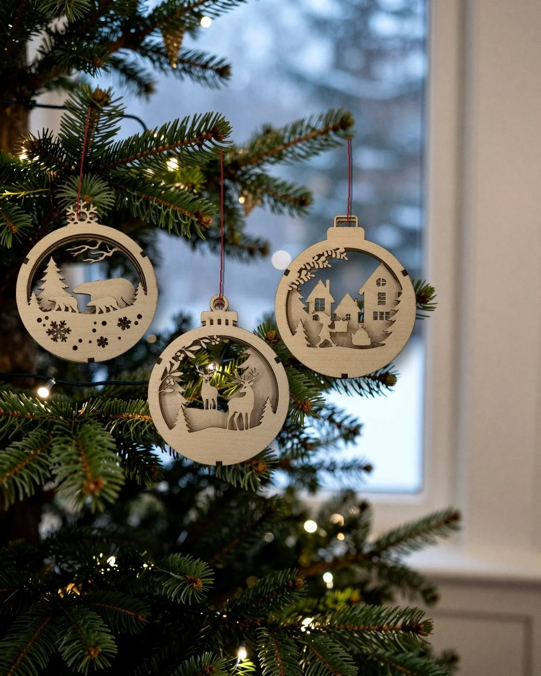 Winter Wonderland 3-pack of maple layered wood ornaments hanging on a tree by a snowy window