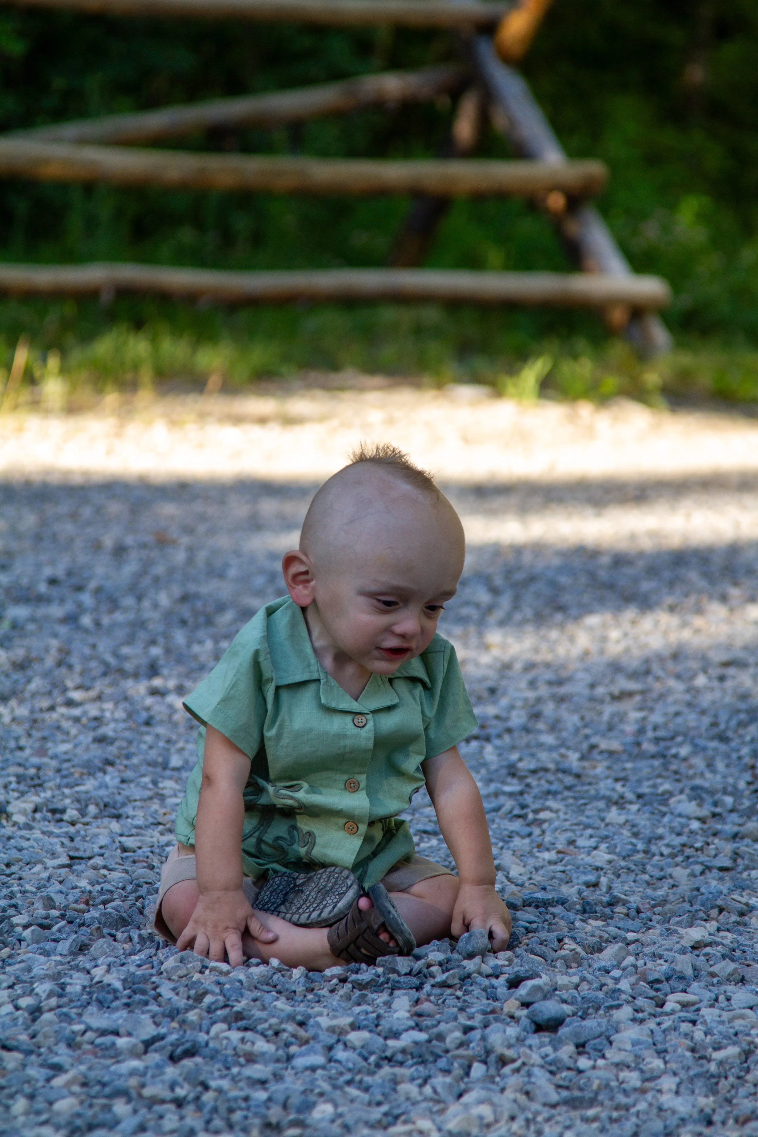 A young boy with a bald head, wearing a green shirt and shorts, sitting on a rocky ground outdoors. In the background, there is a wooden ladder-like structure and green trees.