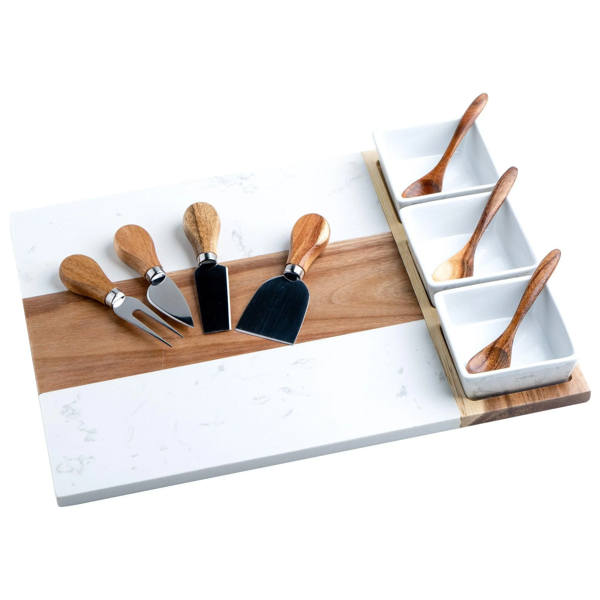 Marble & Acacia Wood Charcuterie Board Set – 11-Piece Serving Set with Cheese Knives & Dipping Bowls