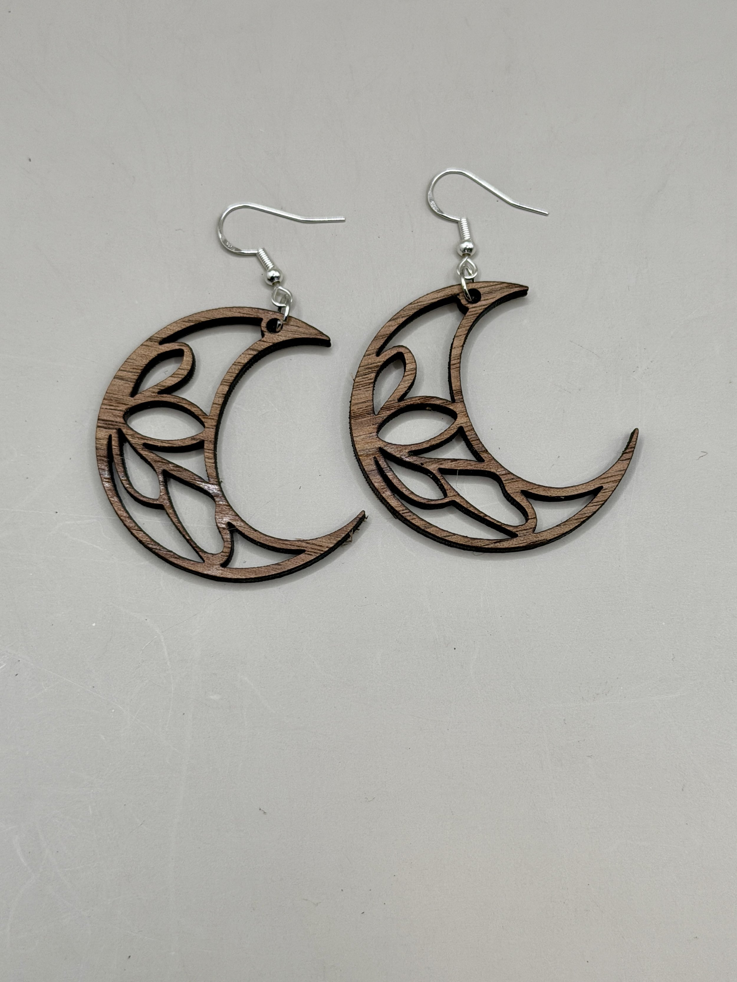 Walnut Crescent Moon Floral Wooden Earrings – Lightweight Laser-Cut Boho Dangle Earrings