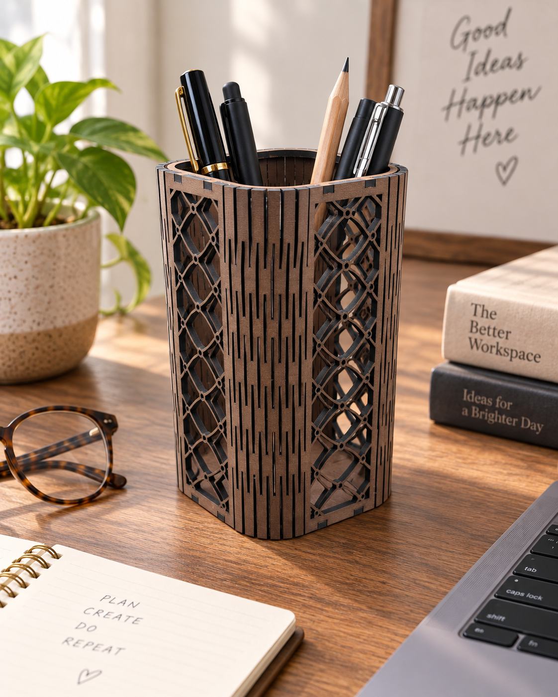 Geometric Diamond Lattice Wooden Pen Holder