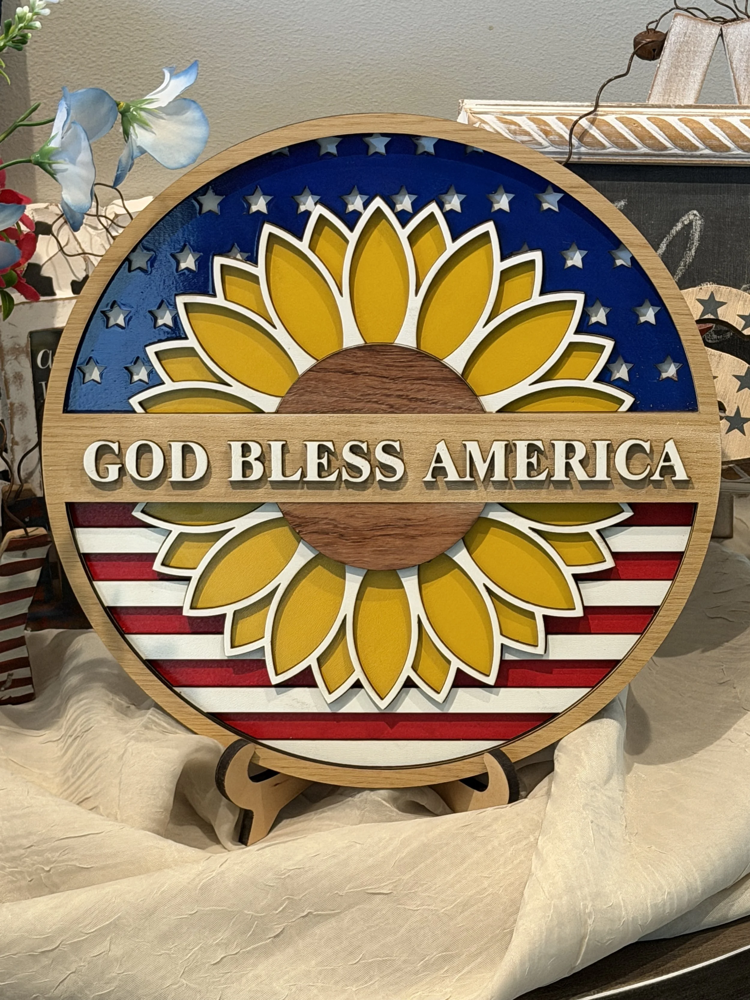 Patriotic Sunflower God Bless America Wooden Plaque