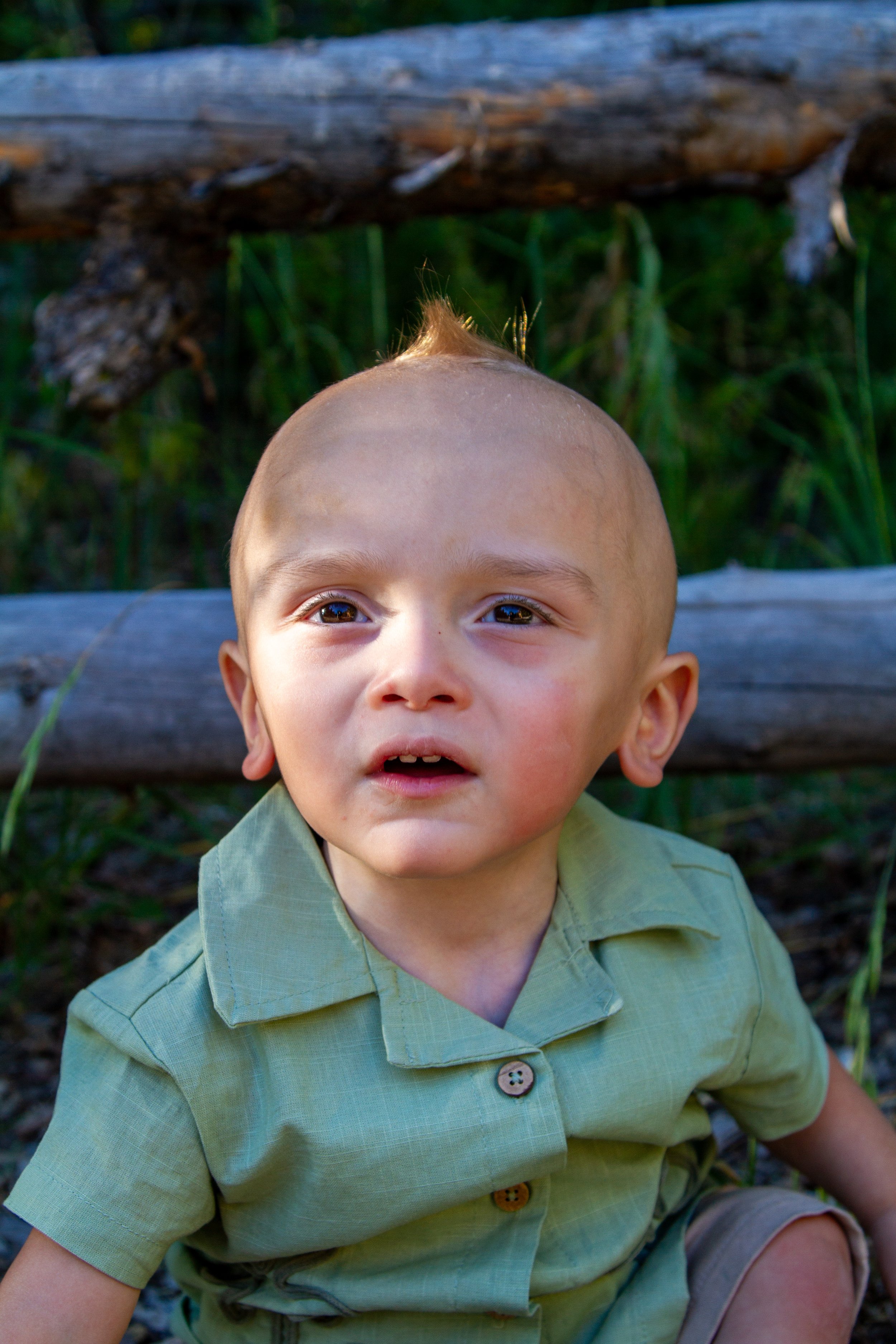 Close-up of a young boy with a short mohawk hairstyle, wearing a light green shirt, sitting outdoors near green grass and a wooden log.