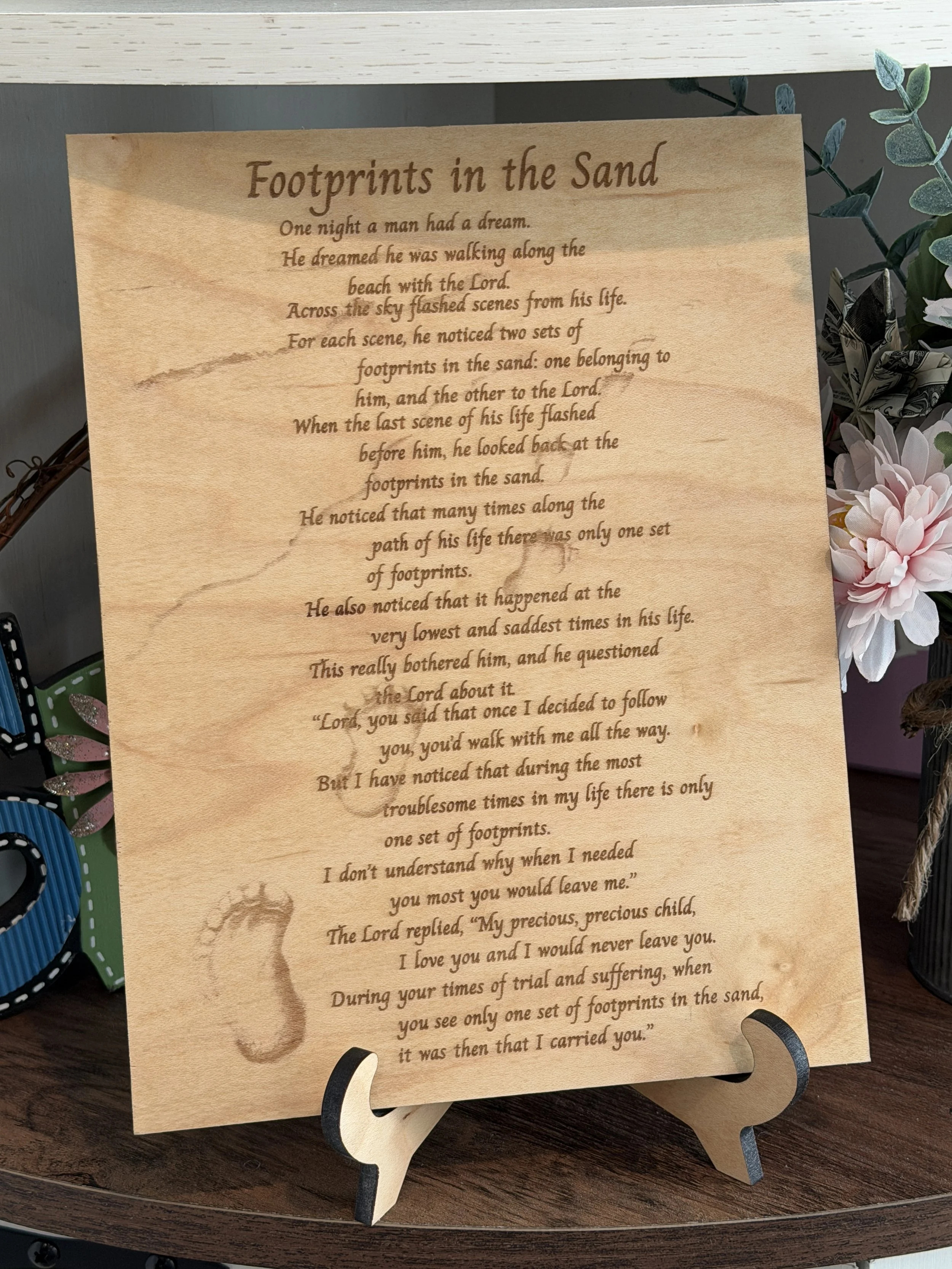 Footprints Poem on Alder on Shelf.JPG