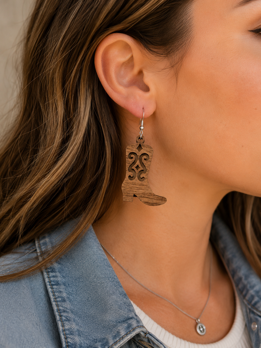 Walnut Earrings - Cowboy Boot Traditional Design On Model.png