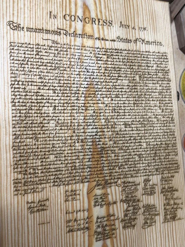 Laser-Engraved Declaration of Independence on Natural Wood