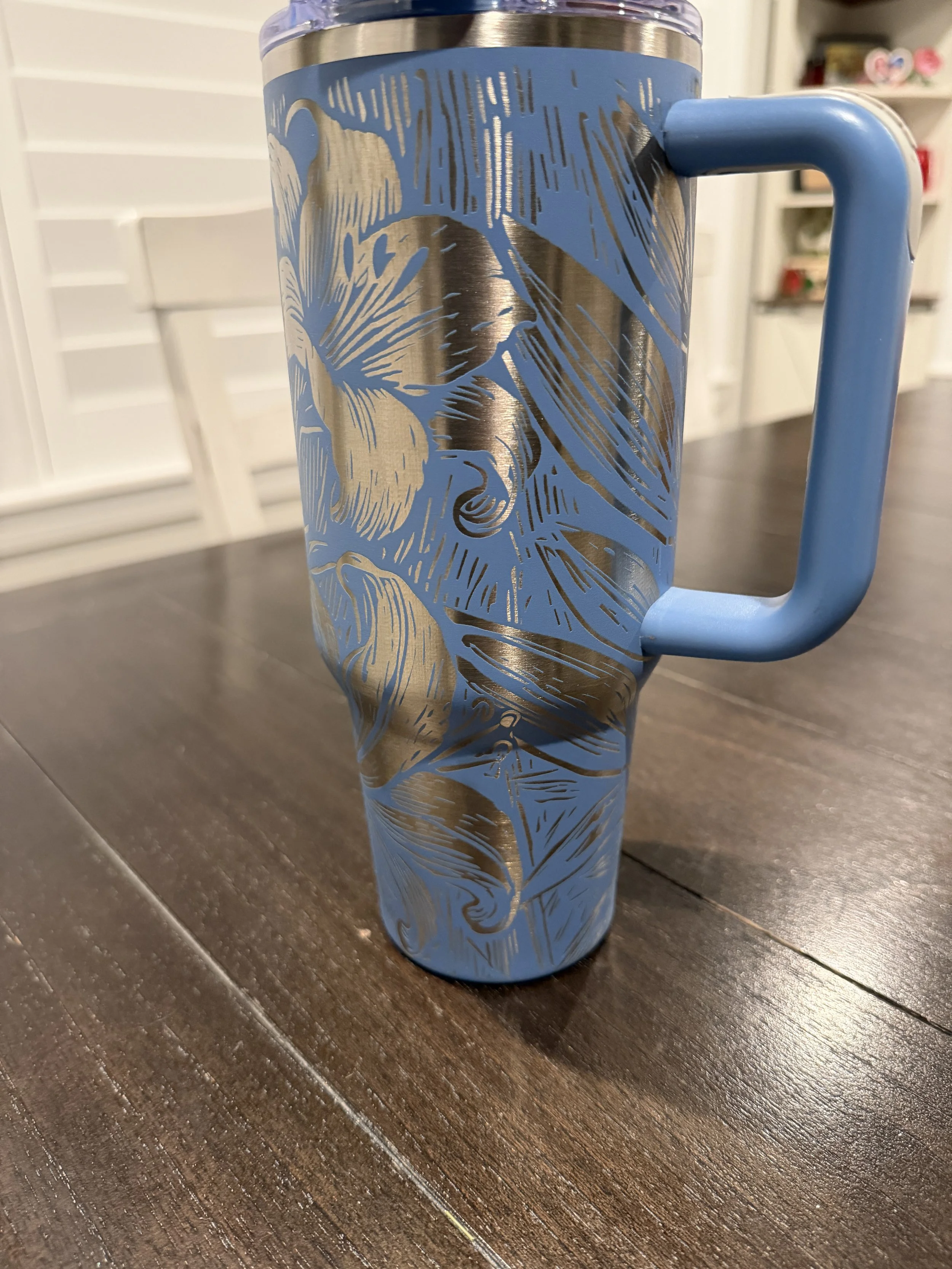 Light Blue Tumbler with Lilly Full Wrap pattern right handle.JPG