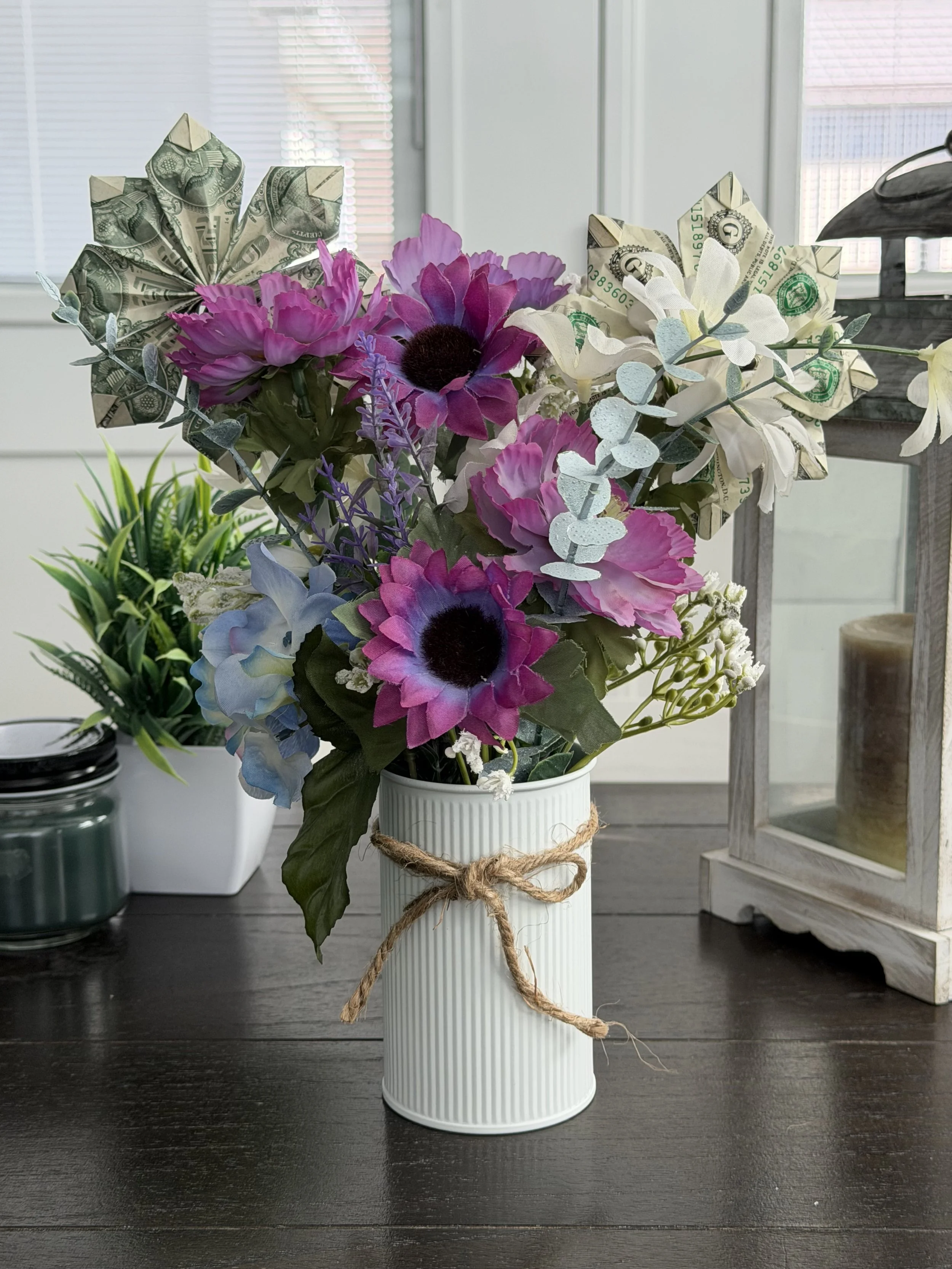 Personalized Money Bouquet | Creative Cash Gift | Handmade Floral Display - Purple-Blue-white metal vase