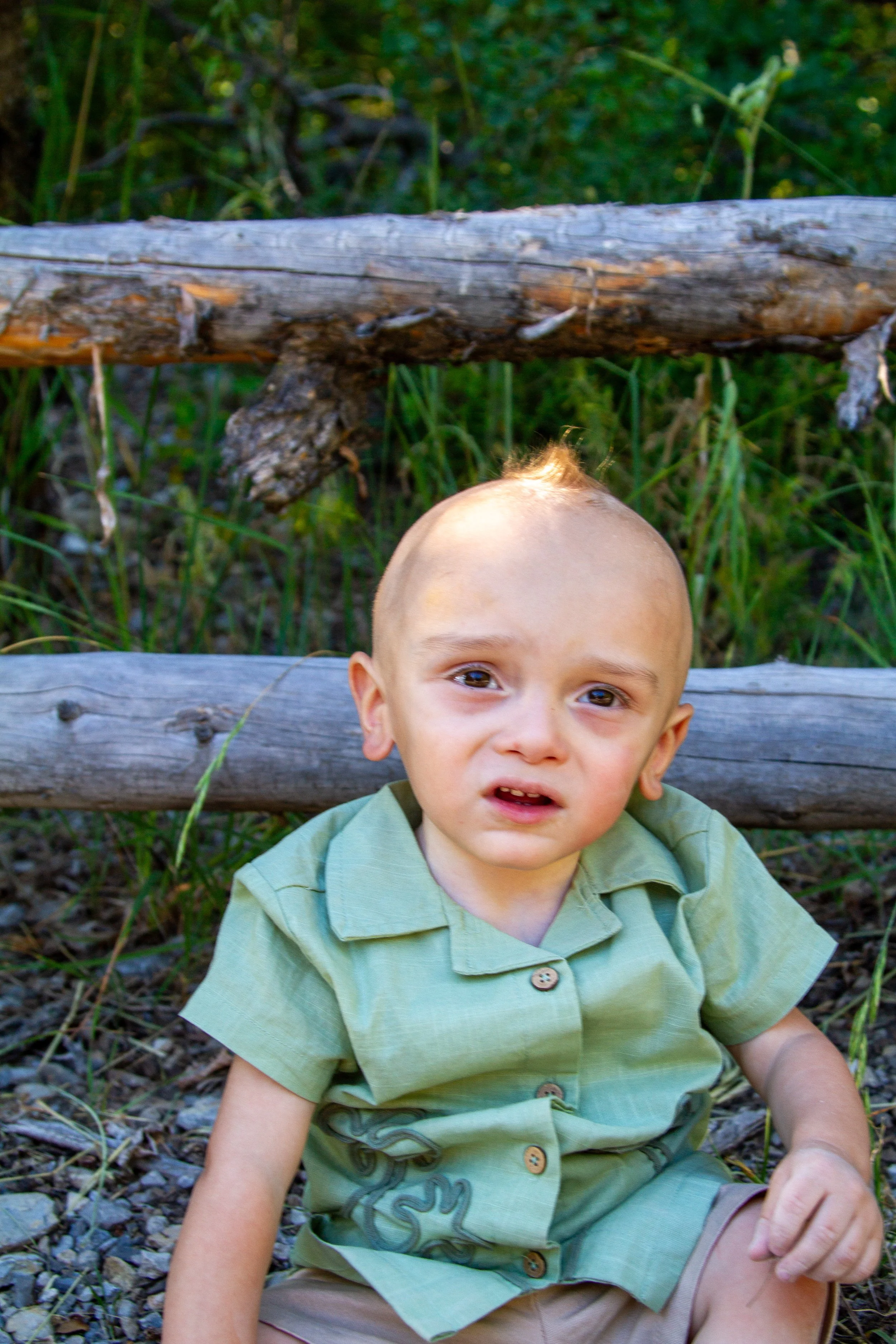 Young boy in a green shirt sitting outdoors near a wooden fence with green plants and grass in the background.